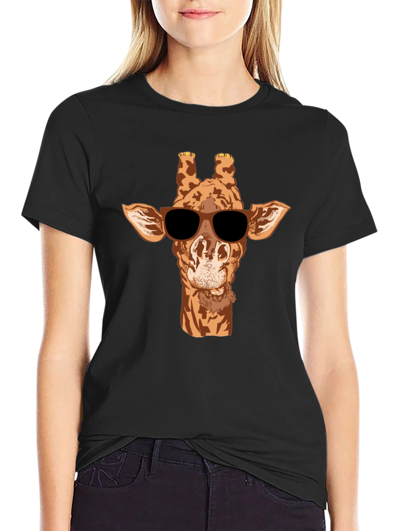 Black Cool Giraffe Graphic Tee - Black Cotton T-Shirt view 2