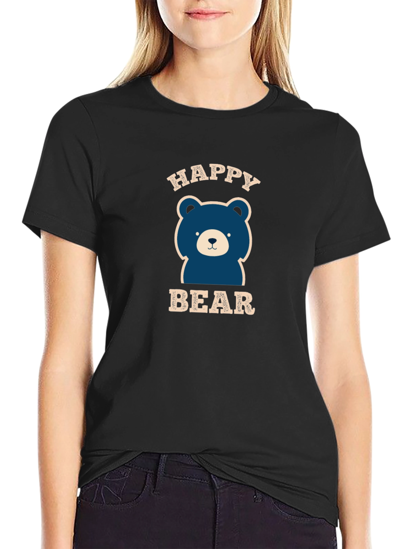 Black Happy Bear Graphic Tee - Black Cotton Blend view 2