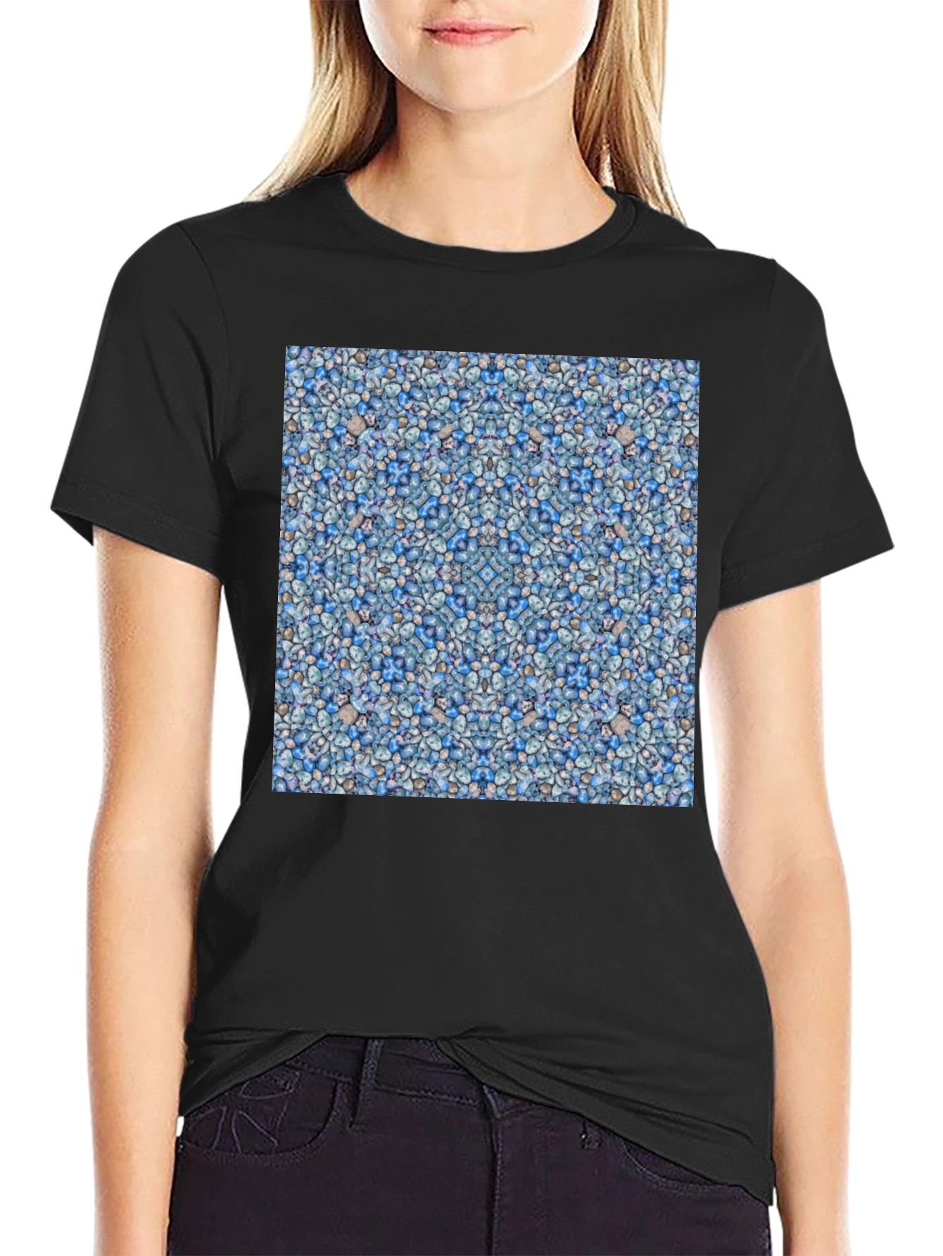 Black Blue Pebble Pattern Black T-Shirt view 2