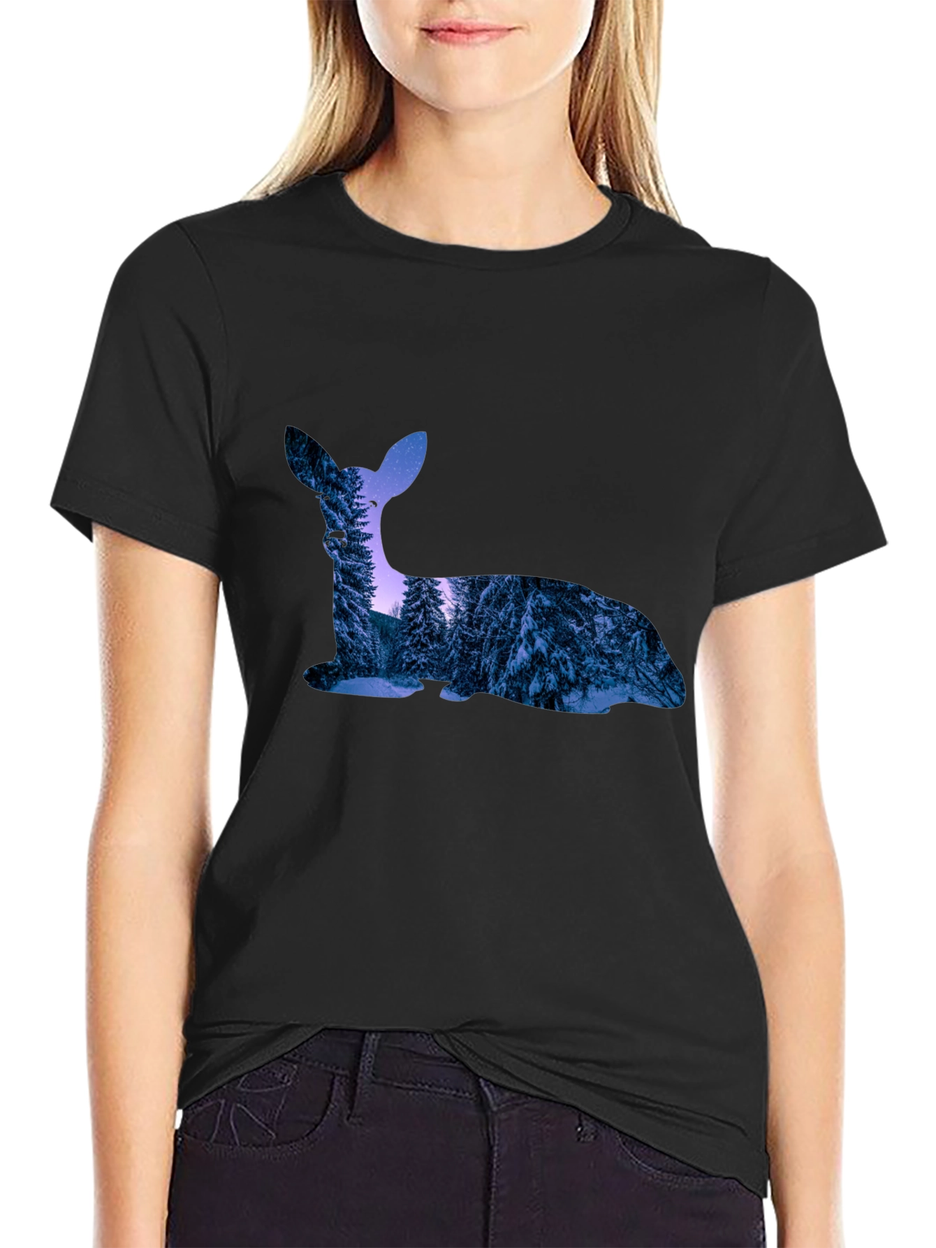 Black Deer Silhouette Winter Forest Graphic T-Shirt view 2