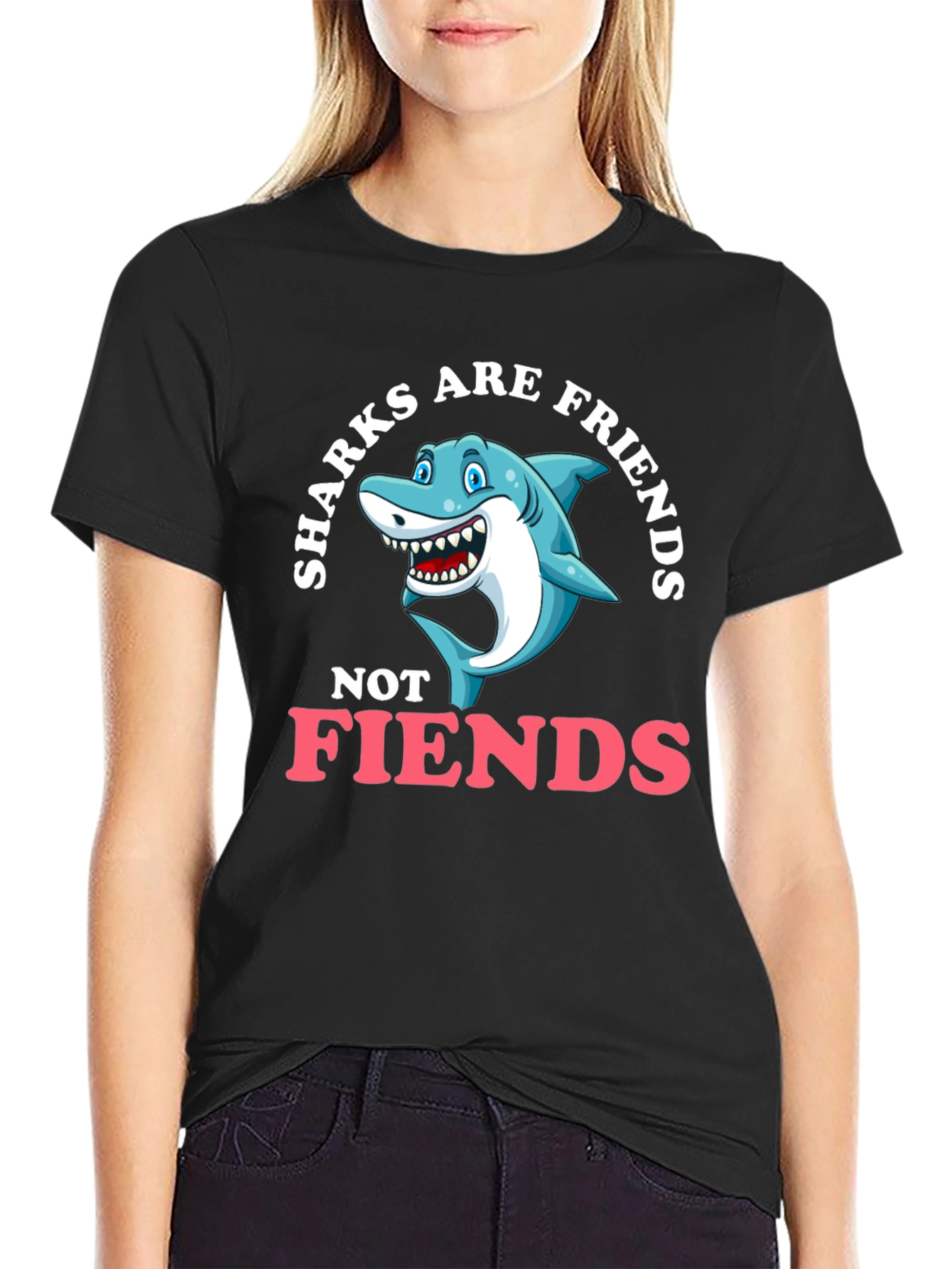 Black Sharks Are Friends T-Shirt - Funny Graphic Tee view 2