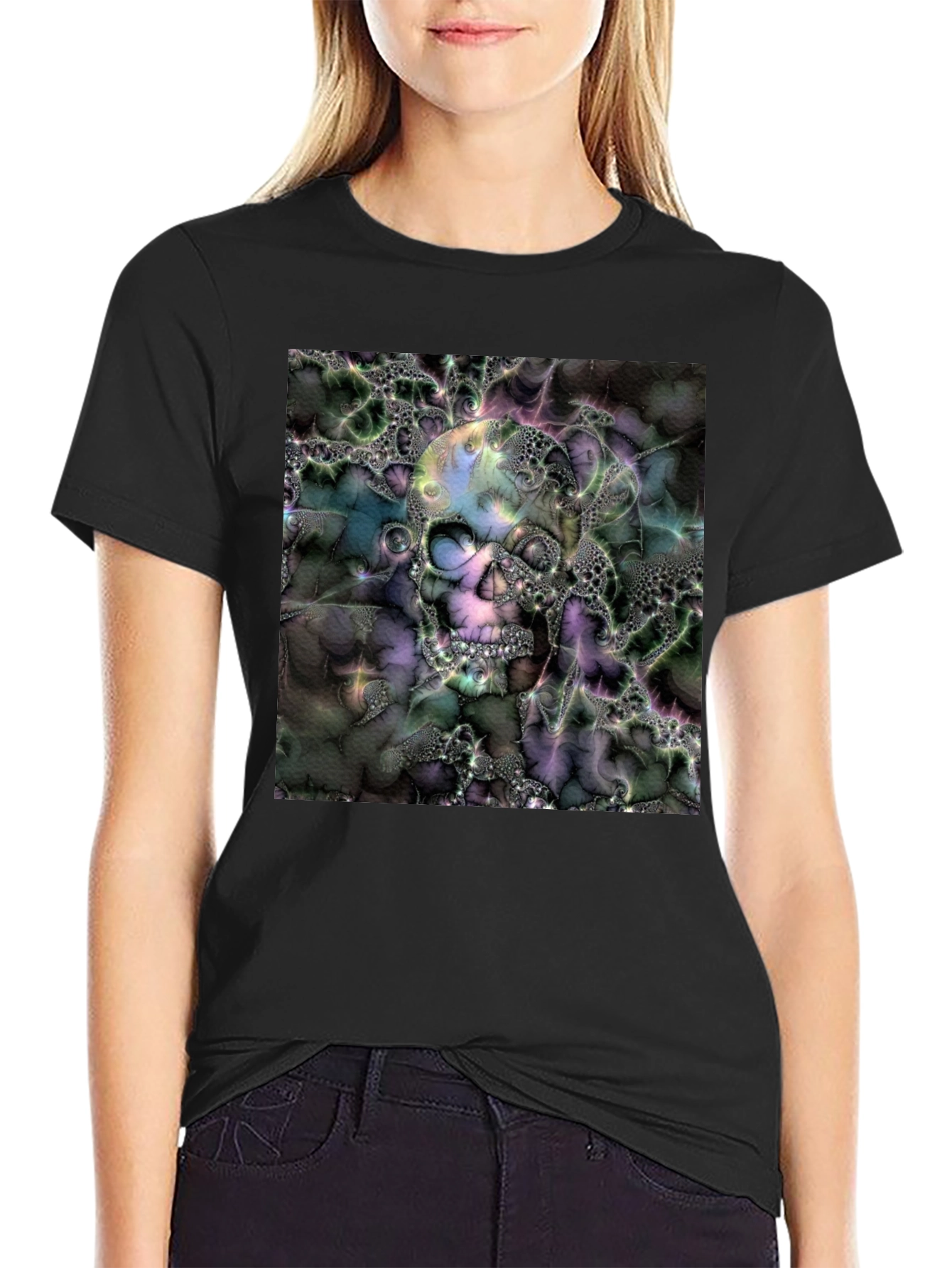 Black Skull Fractal Graphic Black T-Shirt view 2
