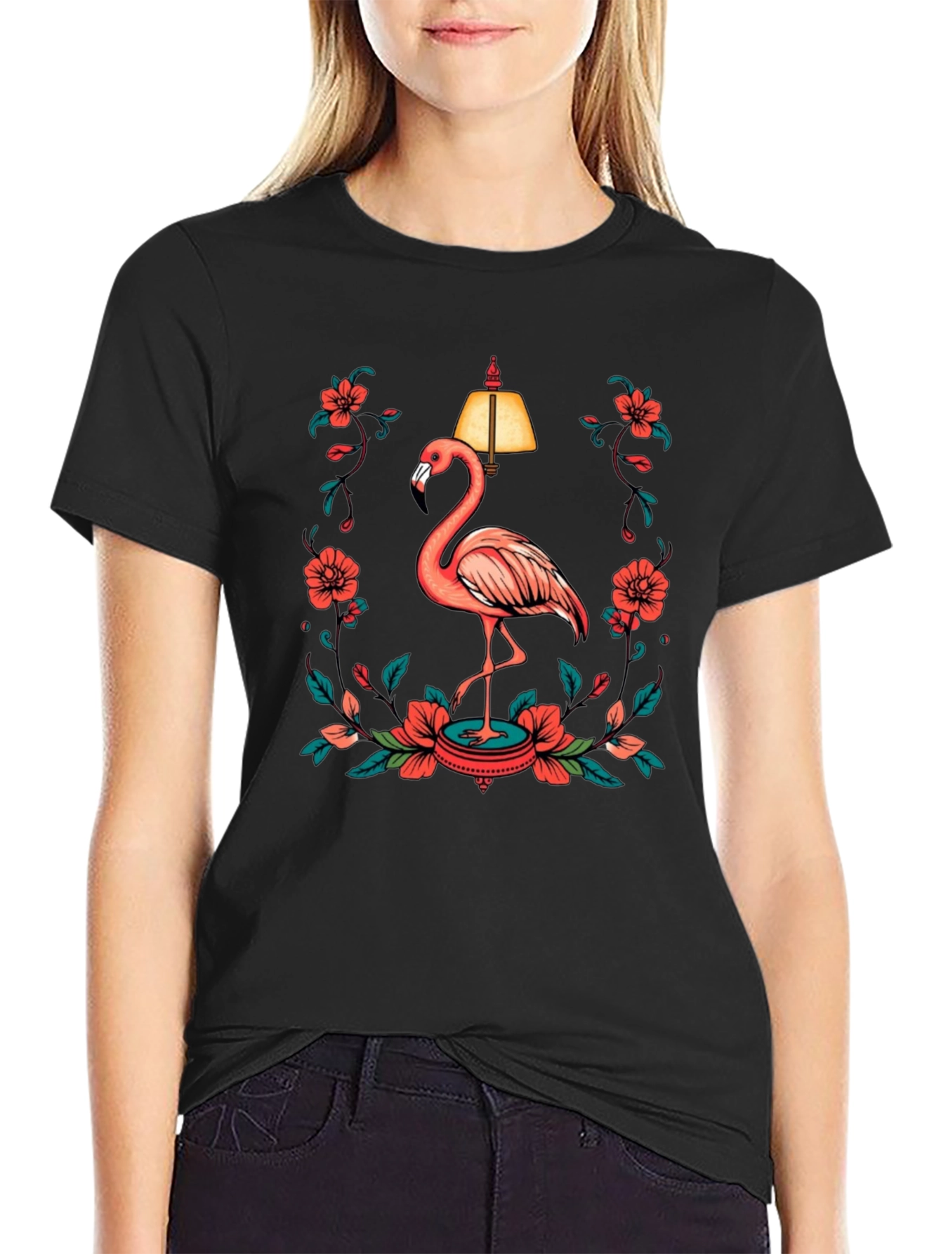 Black Black T-Shirt with Flamingo and Floral Lamp Graphic view 2