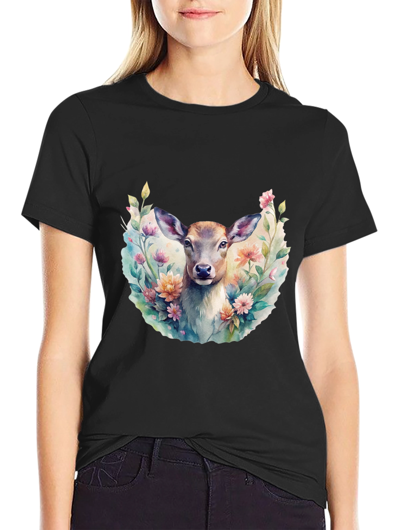 Black Floral Deer Graphic Tee - Stylish Men's Black T-Shirt view 2