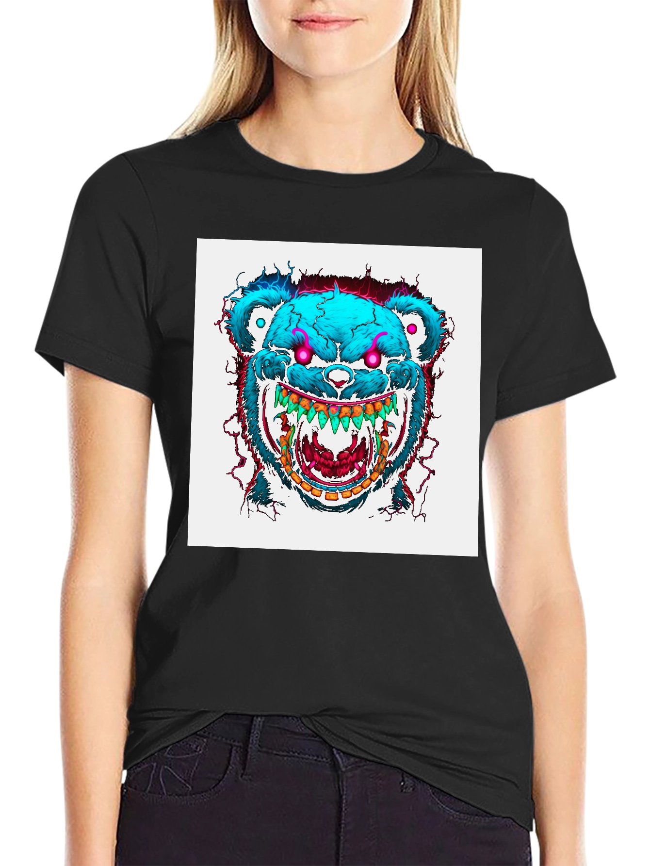 Black Men's Black T-Shirt with Graphic Bear Design view 2