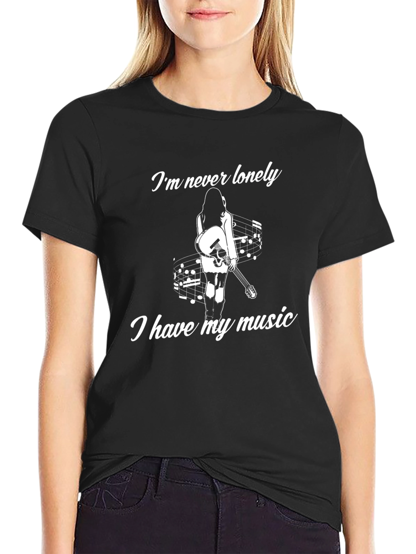 Black I'm Never Lonely T-Shirt, Music Lover Tee view 2