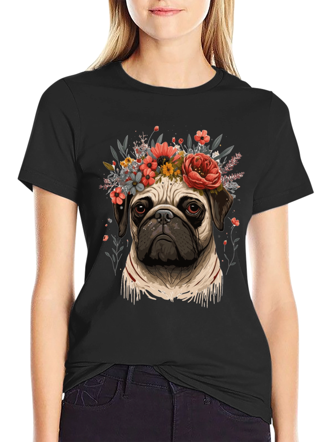 Black Floral Pug Graphic Tee - Black Cotton Blend view 2