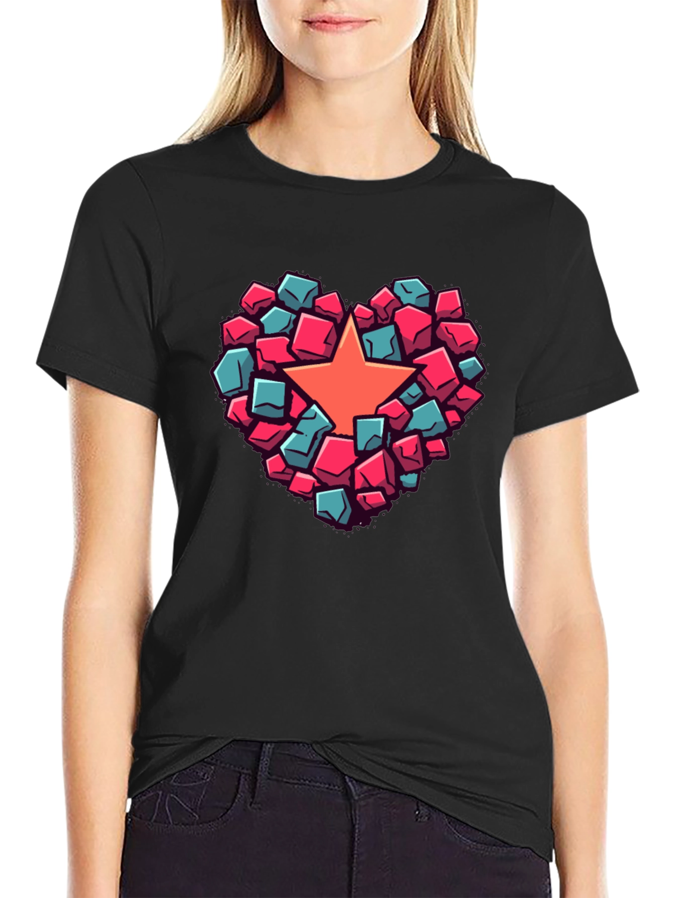 Black Heart Star Block Graphic T-Shirt view 2