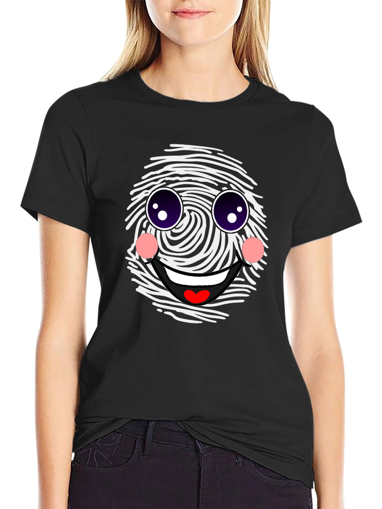Black Funny Fingerprint Face Graphic Tee - Black Casual Shirt view 2