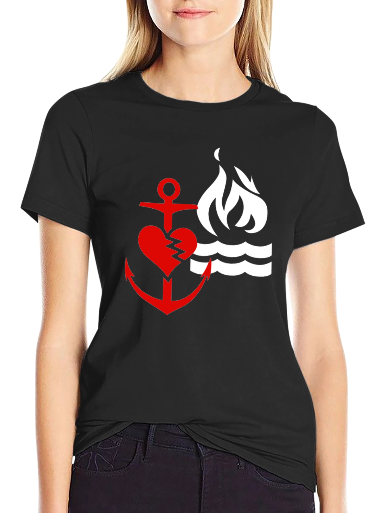 Black Red Heart Anchor & Flame Black T-Shirt view 2