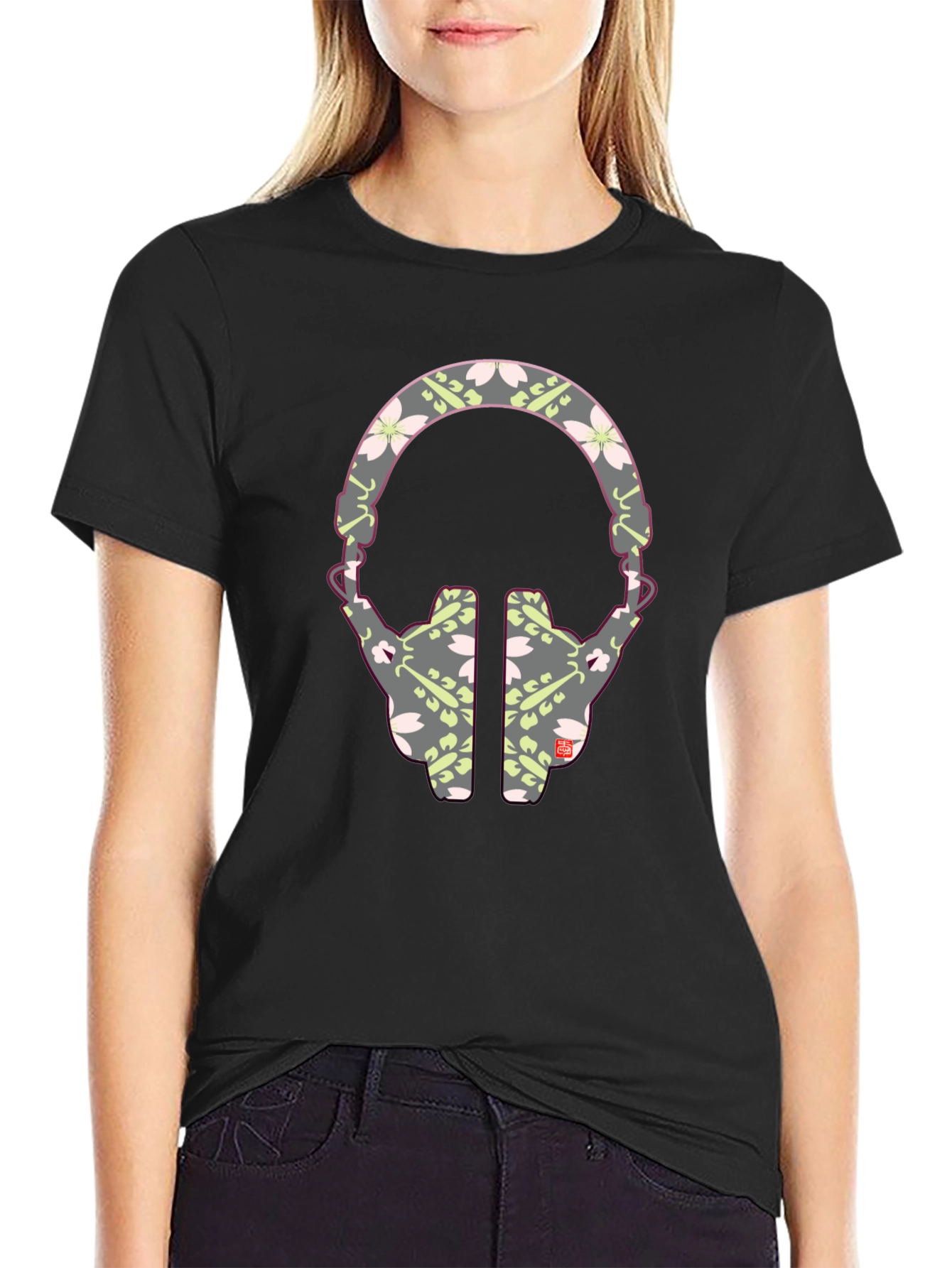 Black Stylish Headphone Pattern T-Shirt - Unique Graphic Tee view 2