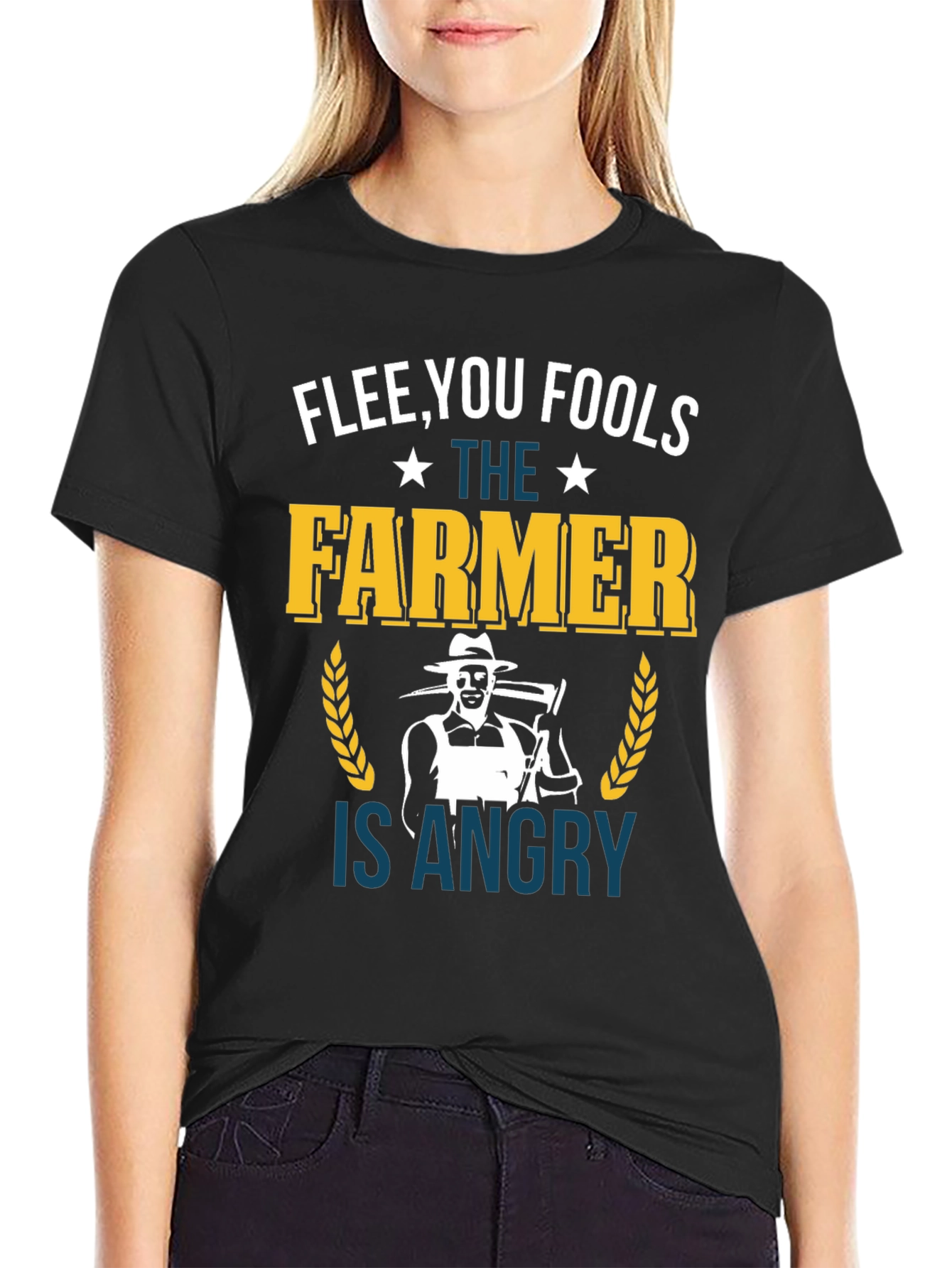 Black Flee You Fools Angry Farmer T-Shirt view 2