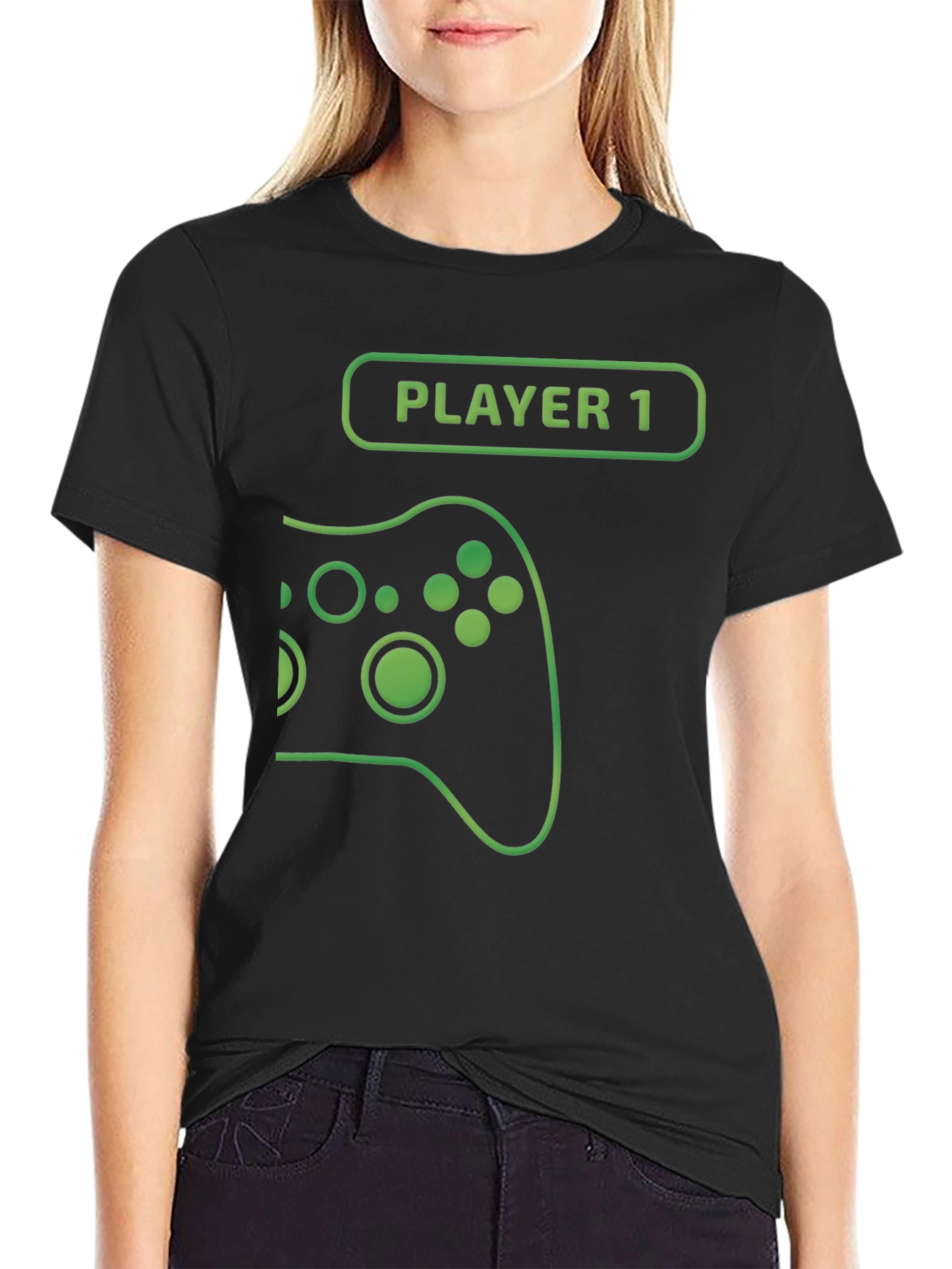 Black Player 1 Gamer T-Shirt - Black Cotton Gaming Tee view 2