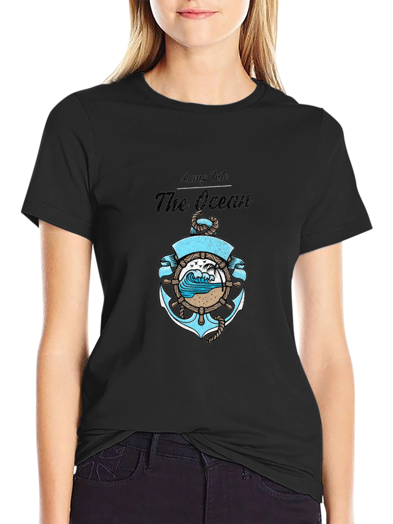 Black Jump Into the Ocean Black Graphic T-Shirt view 2