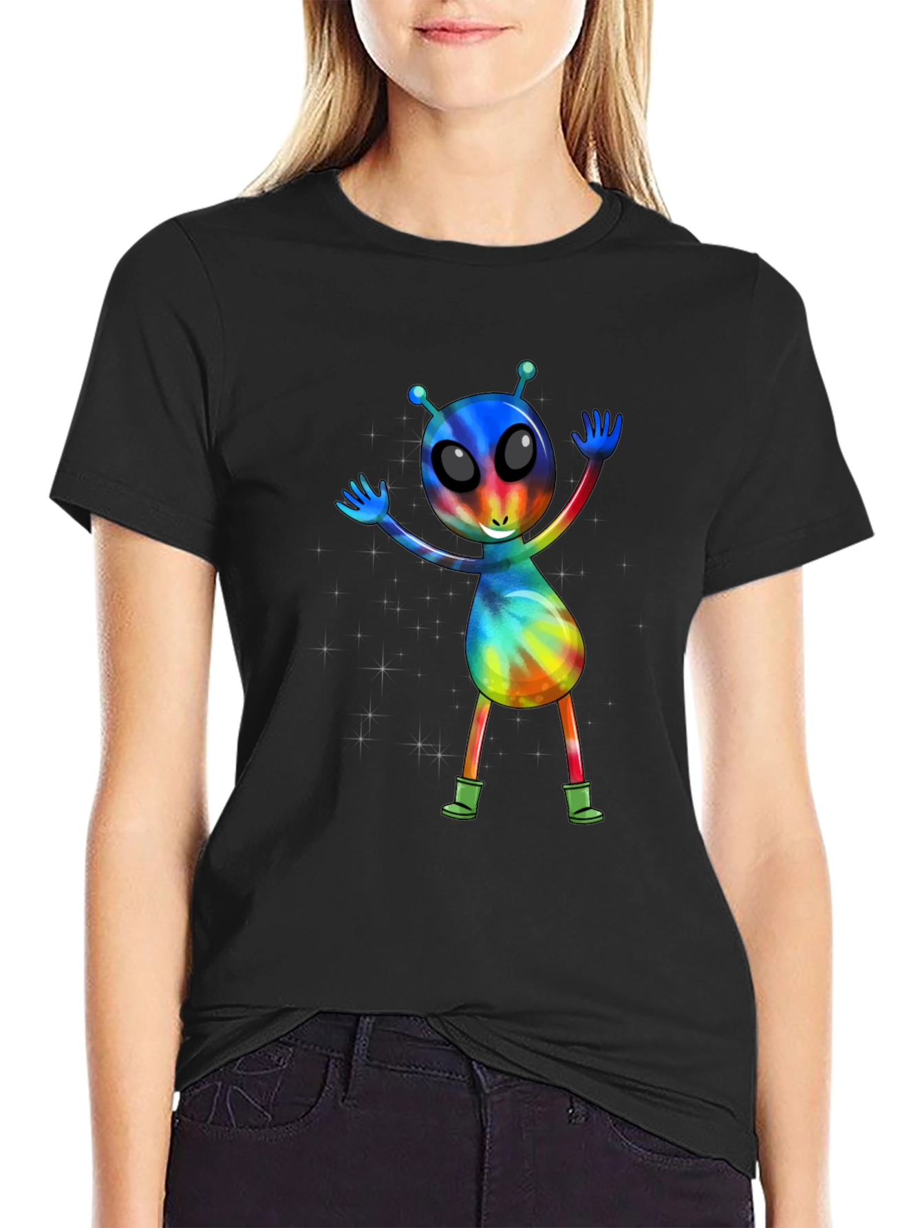 Black Tie-Dye Alien Graphic T-Shirt view 2