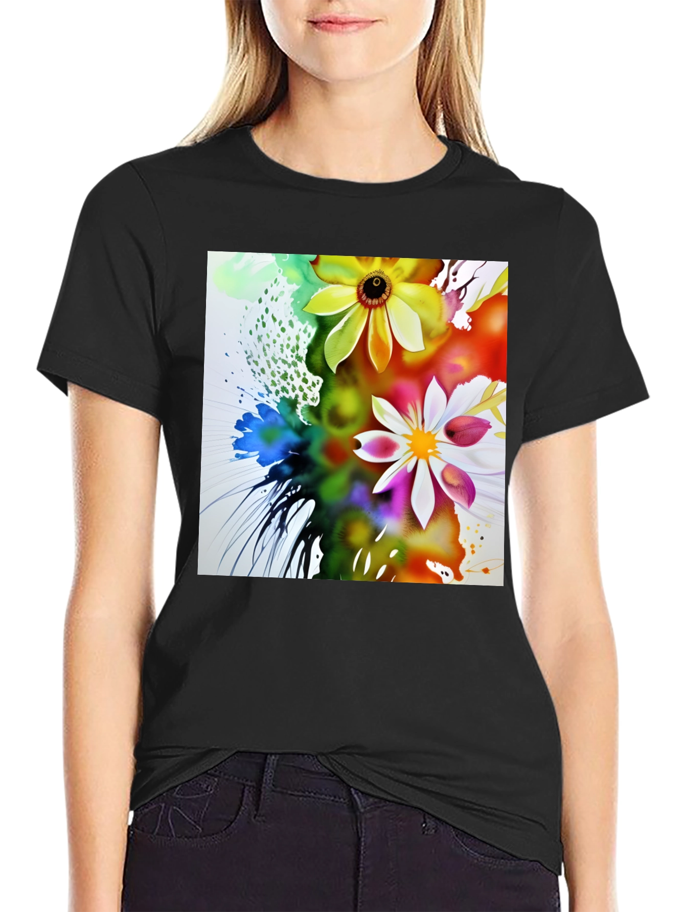 Black Floral Art Black T-Shirt view 2