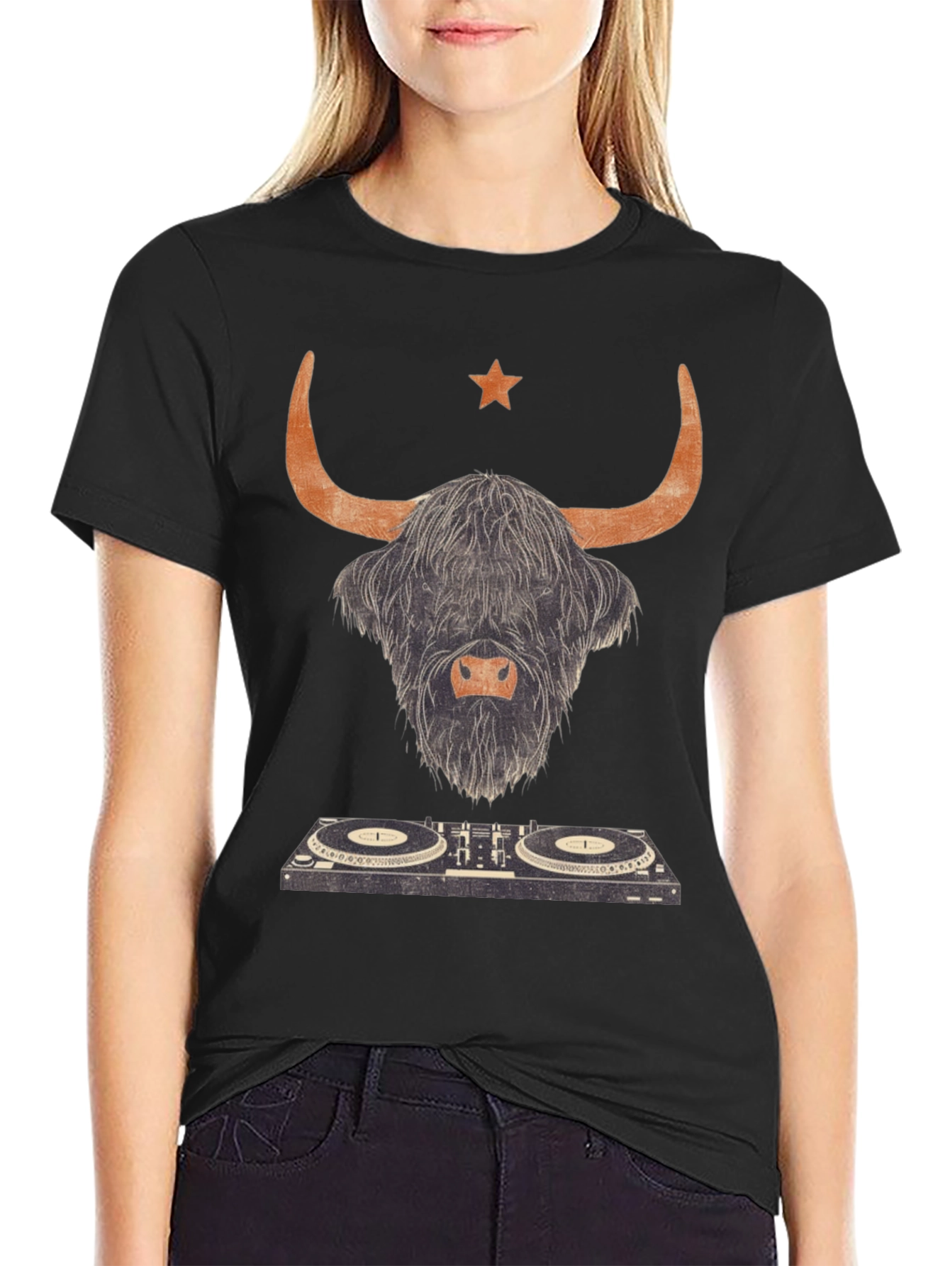 Black Highland Cow DJ Graphic Tee - Black Cotton T-Shirt view 2