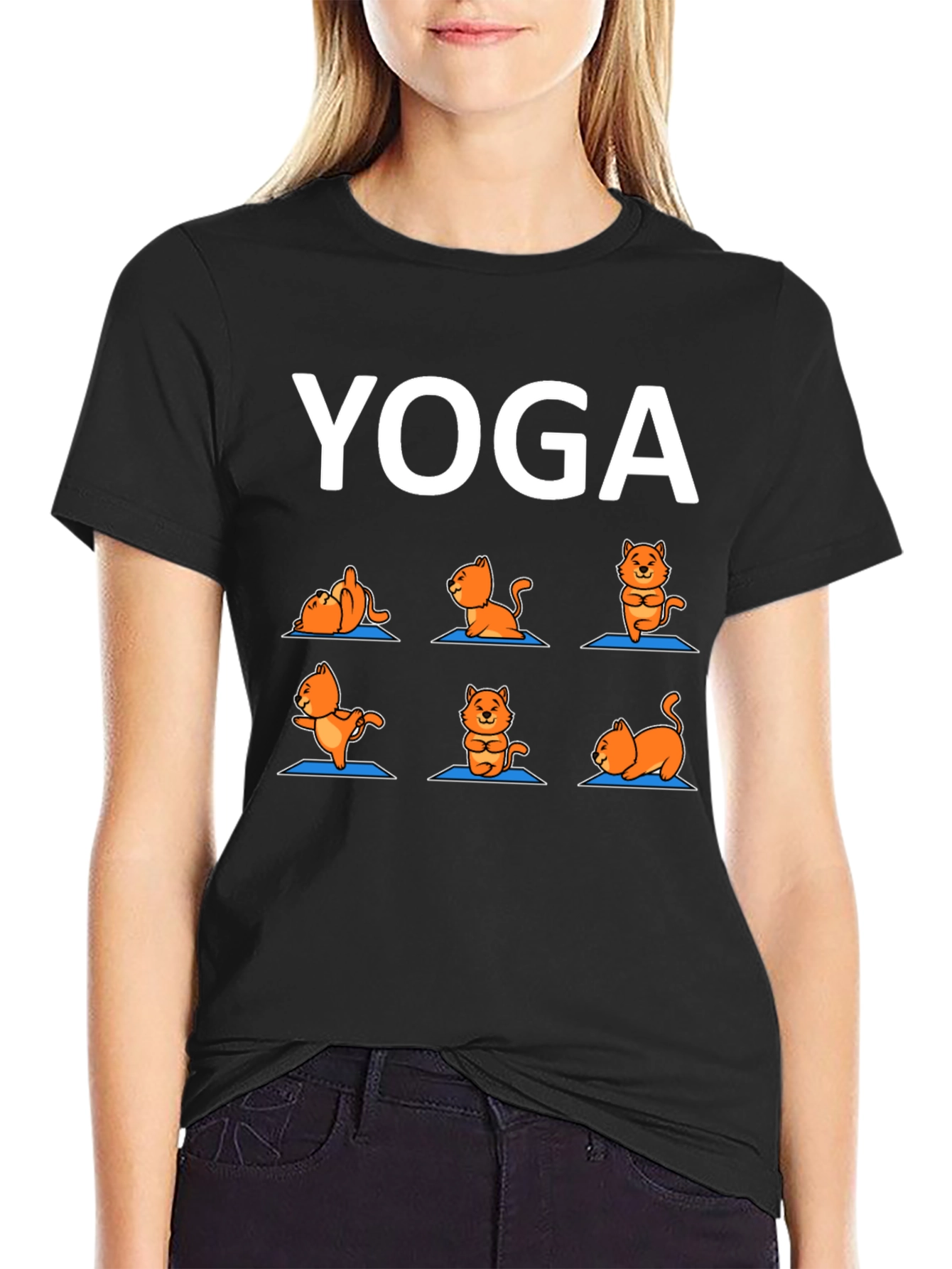 Black Yoga Cat T-Shirt: Funny Cartoon Tee view 2