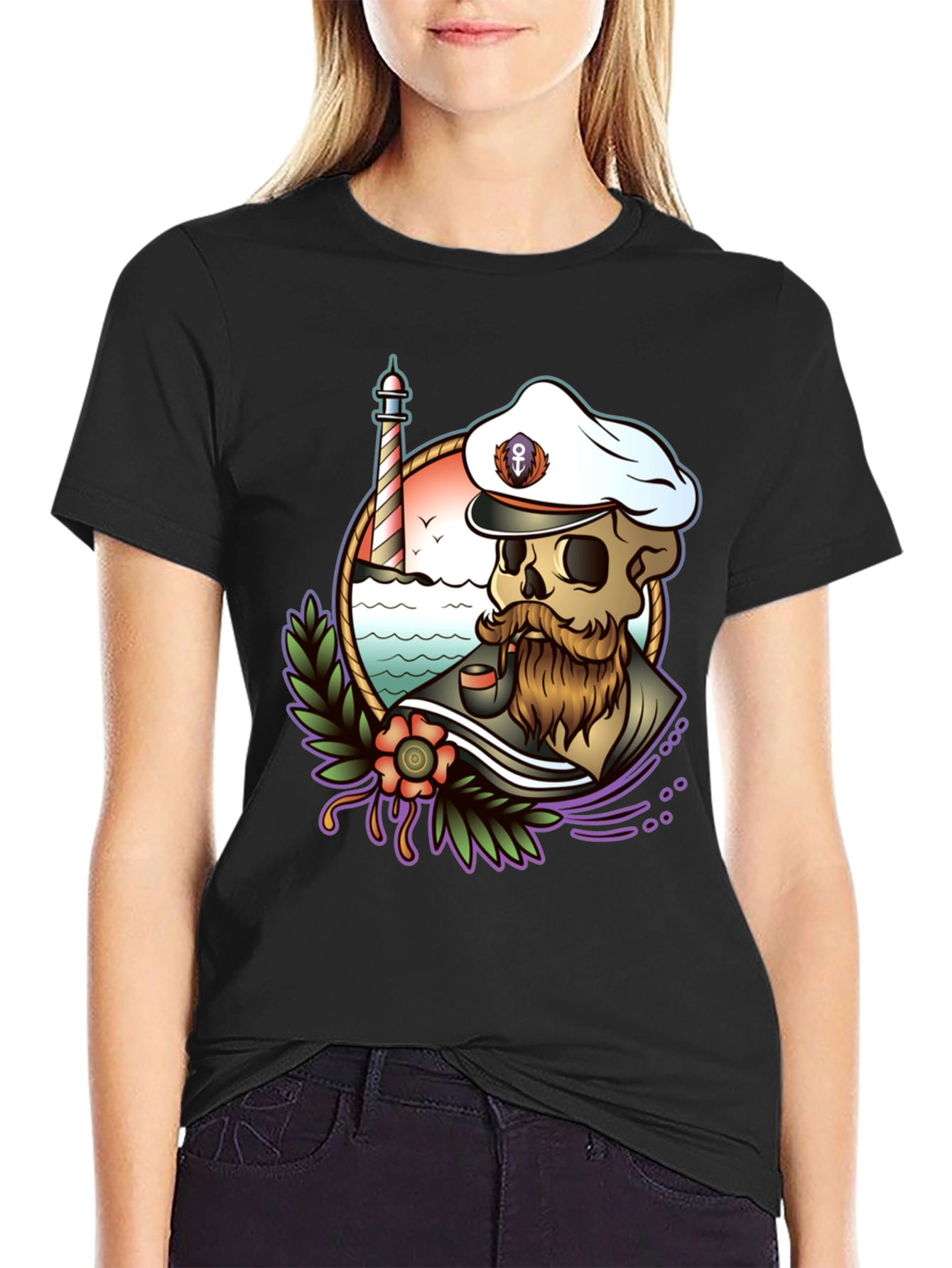 Black Nautical Skull T-Shirt - Captain Skeleton Tee view 2