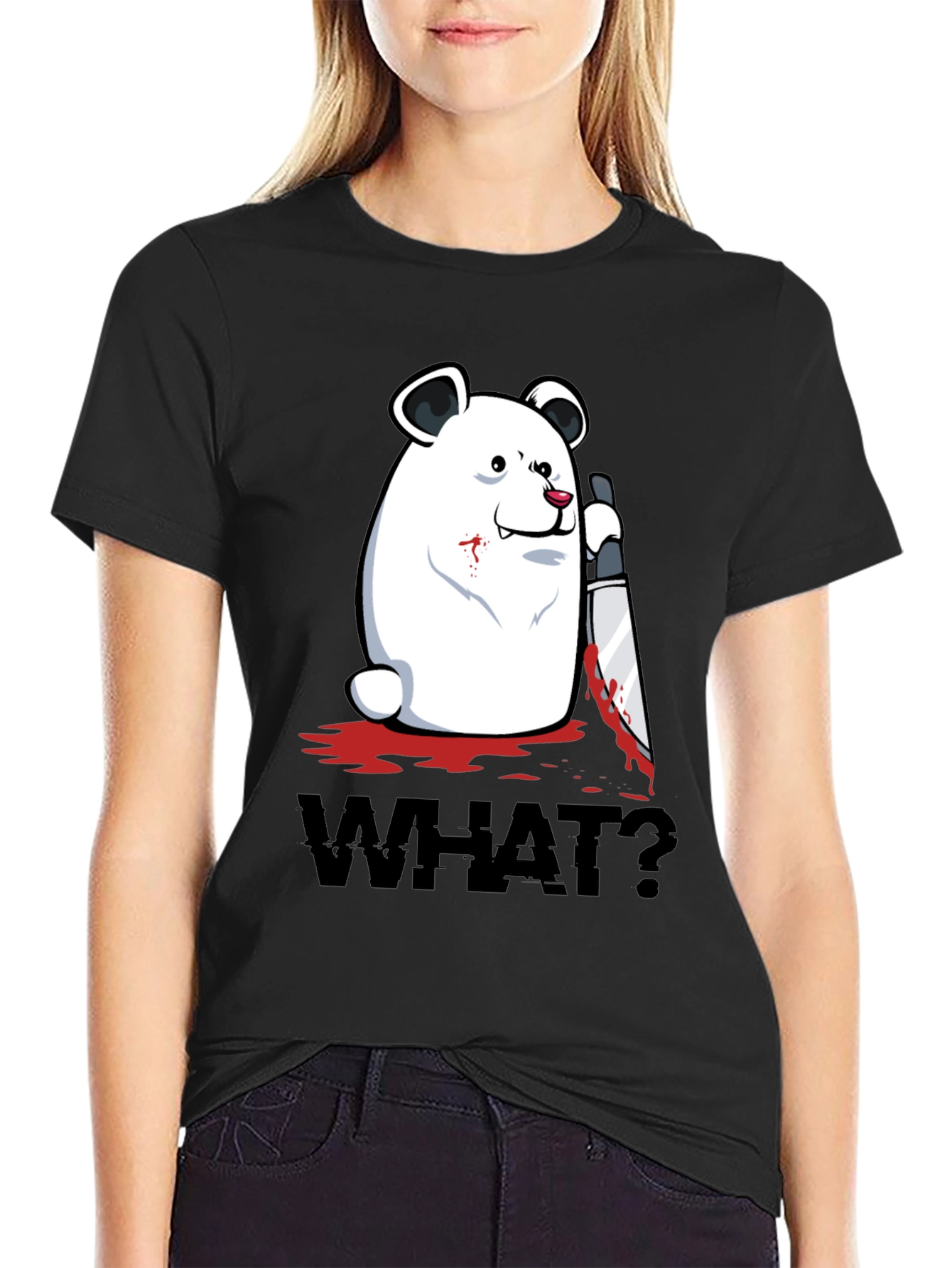 Black Creepy Polar Bear "WHAT?" Graphic T-Shirt view 2