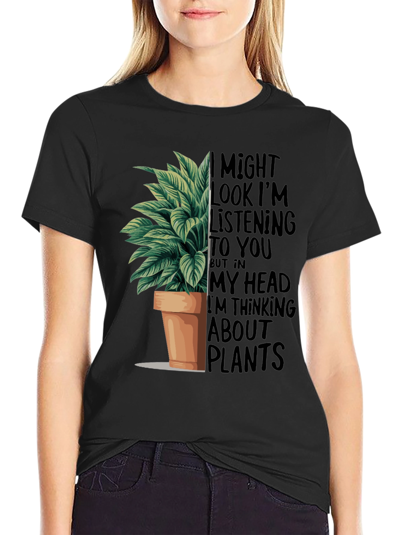 Black Plant Lover T-Shirt: I Might Look Listening view 2