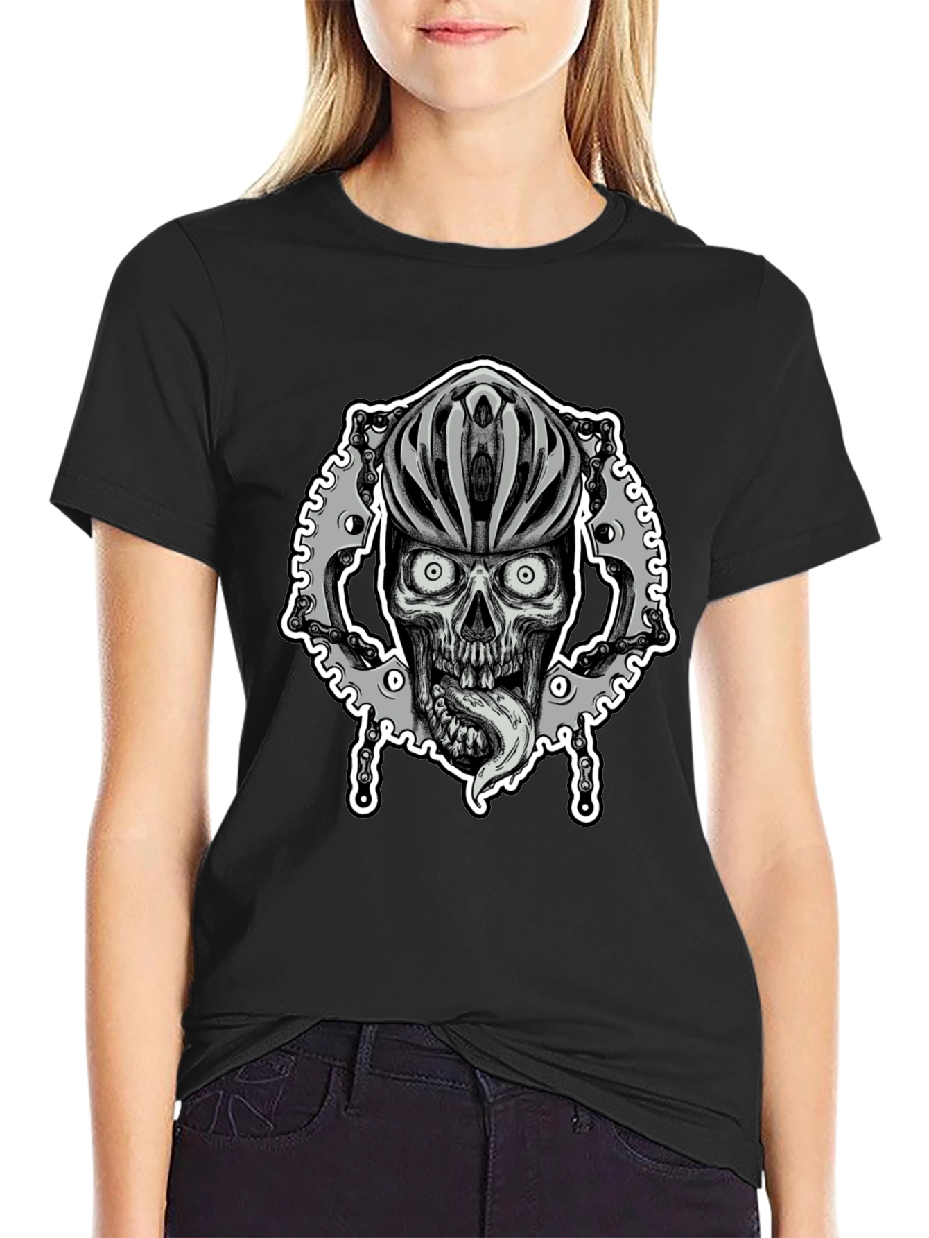Black Biker Skull Graphic Tee - Black Cotton Blend view 2