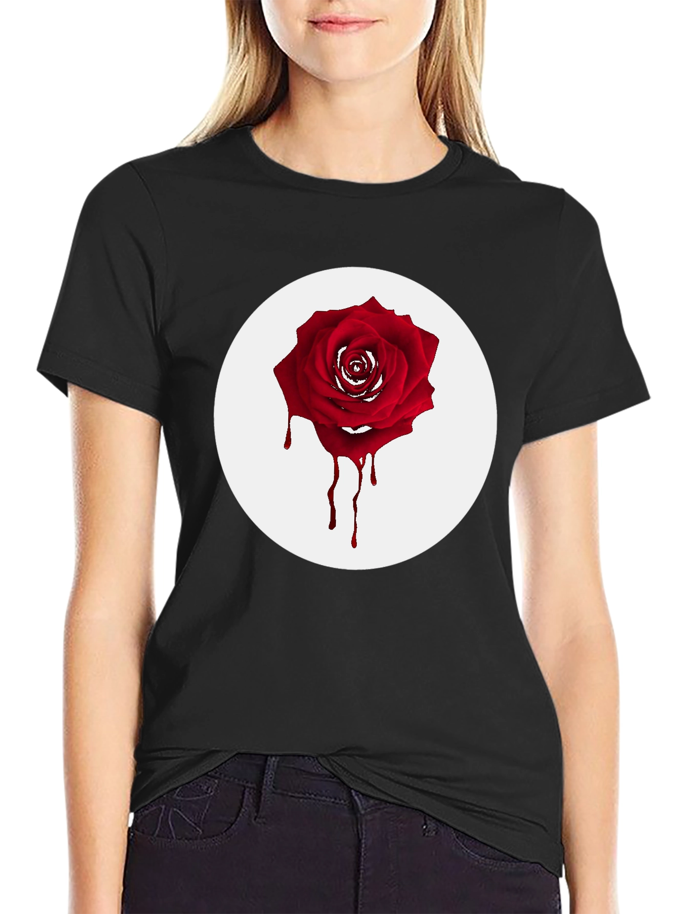 Black Men's Black T-Shirt with Bleeding Rose Graphic view 2