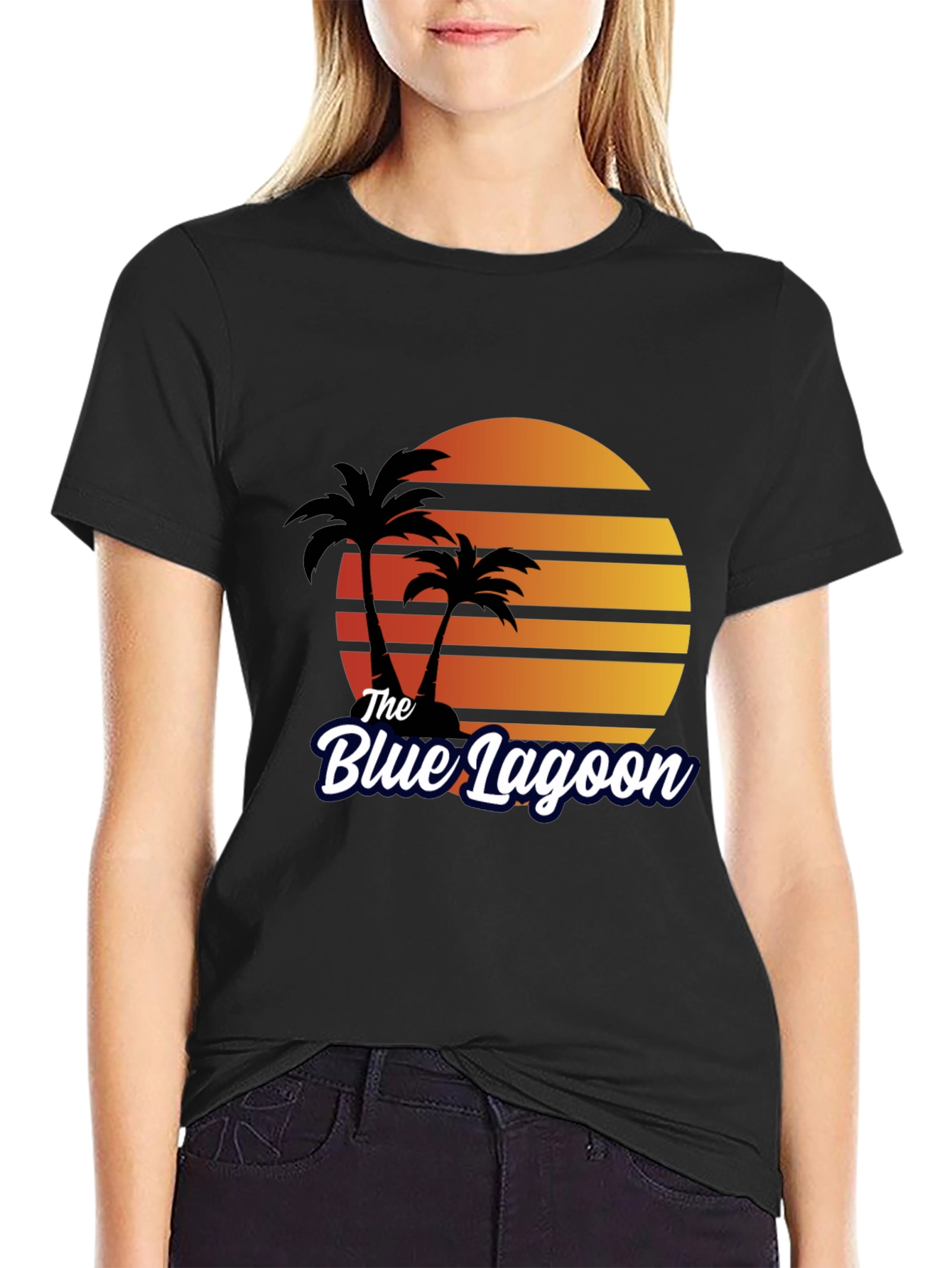 Black The Blue Lagoon Retro T-Shirt - Palm Tree Sunset Tee view 2