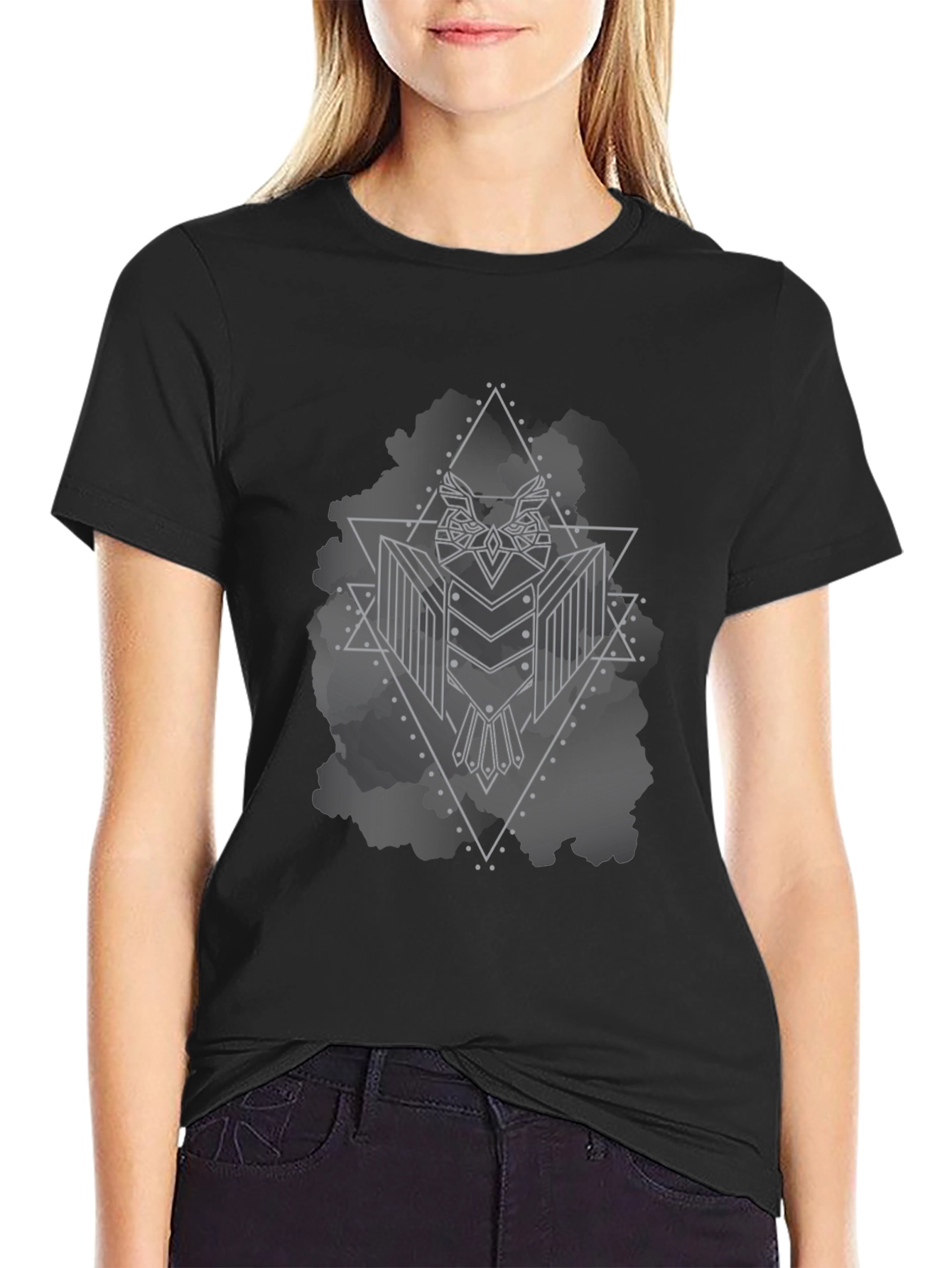 Black Geometric Owl Graphic Black T-Shirt view 2