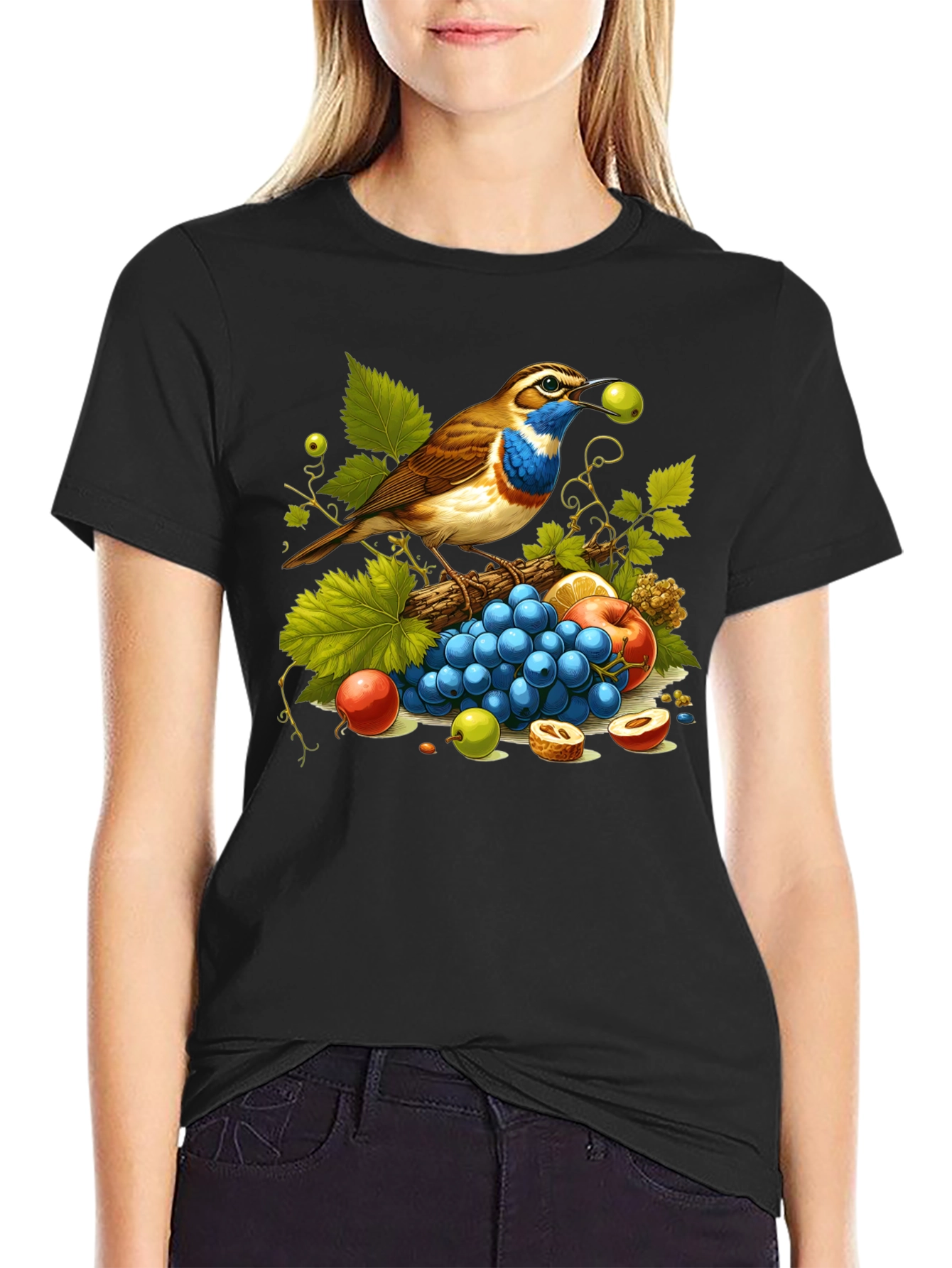 Black Bird and Fruit Graphic T-Shirt - Unisex Black Tee view 2