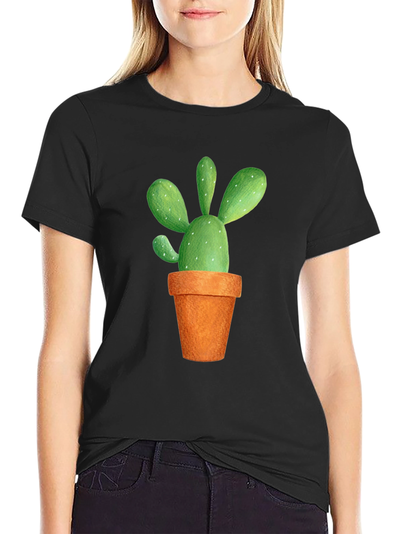 Black Cactus Graphic Tee - Potted Plant Design view 2