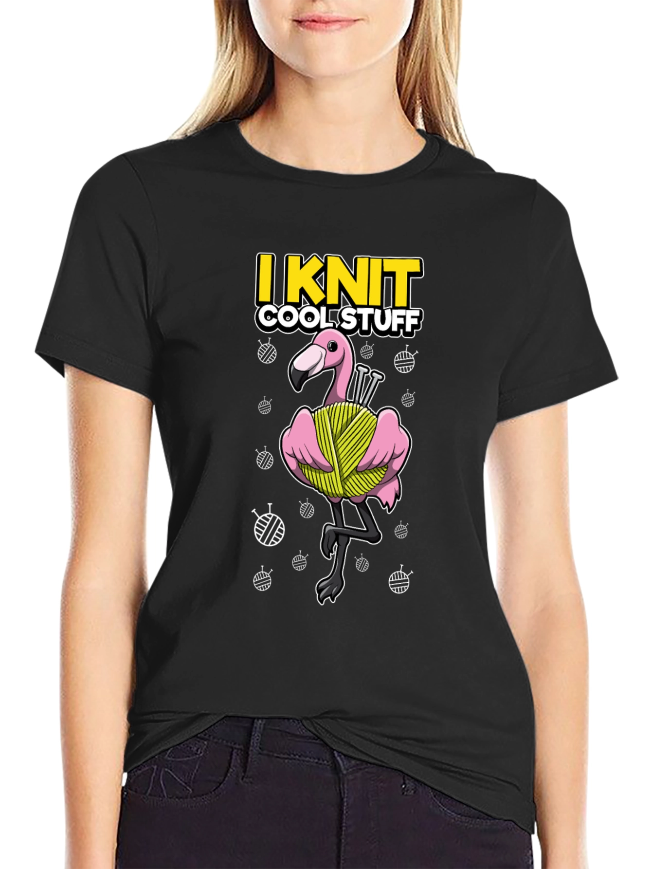 Black I Knit Cool Stuff T-Shirt - Flamingo Yarn view 2