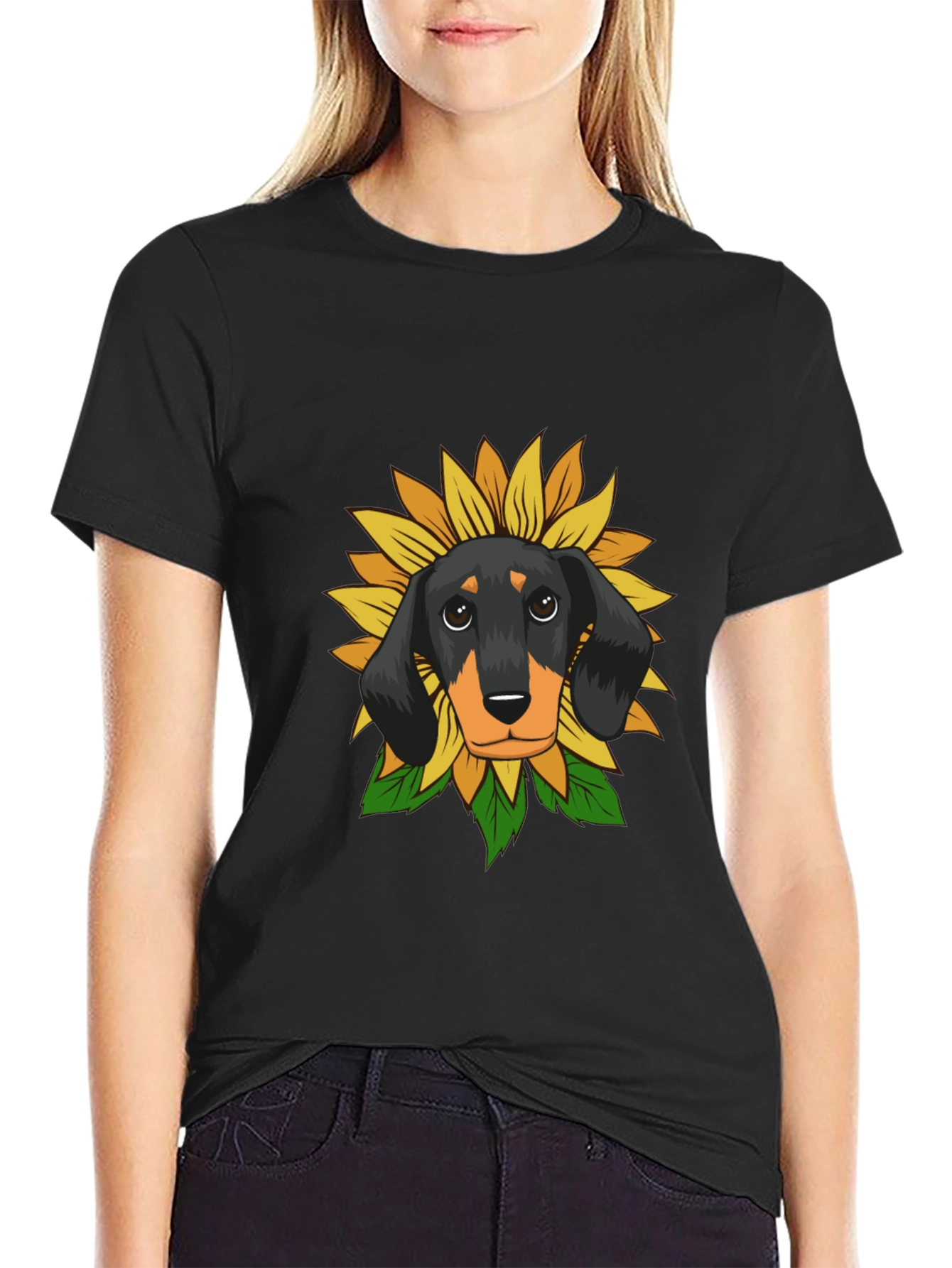 Black Dachshund Sunflower Graphic Tee - Black Cotton Comfort view 2