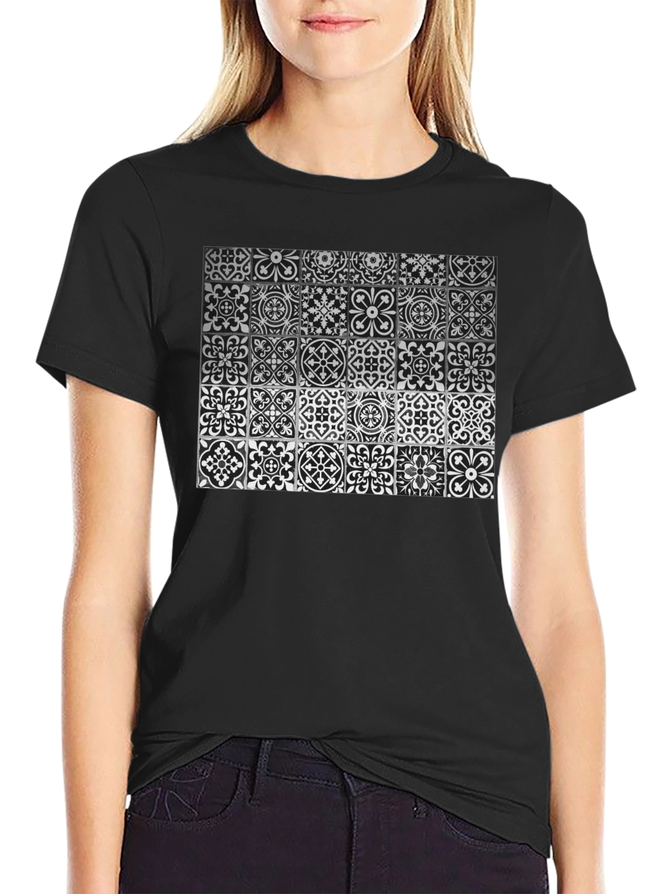 Black Patterned Tile Print Black T-Shirt view 2