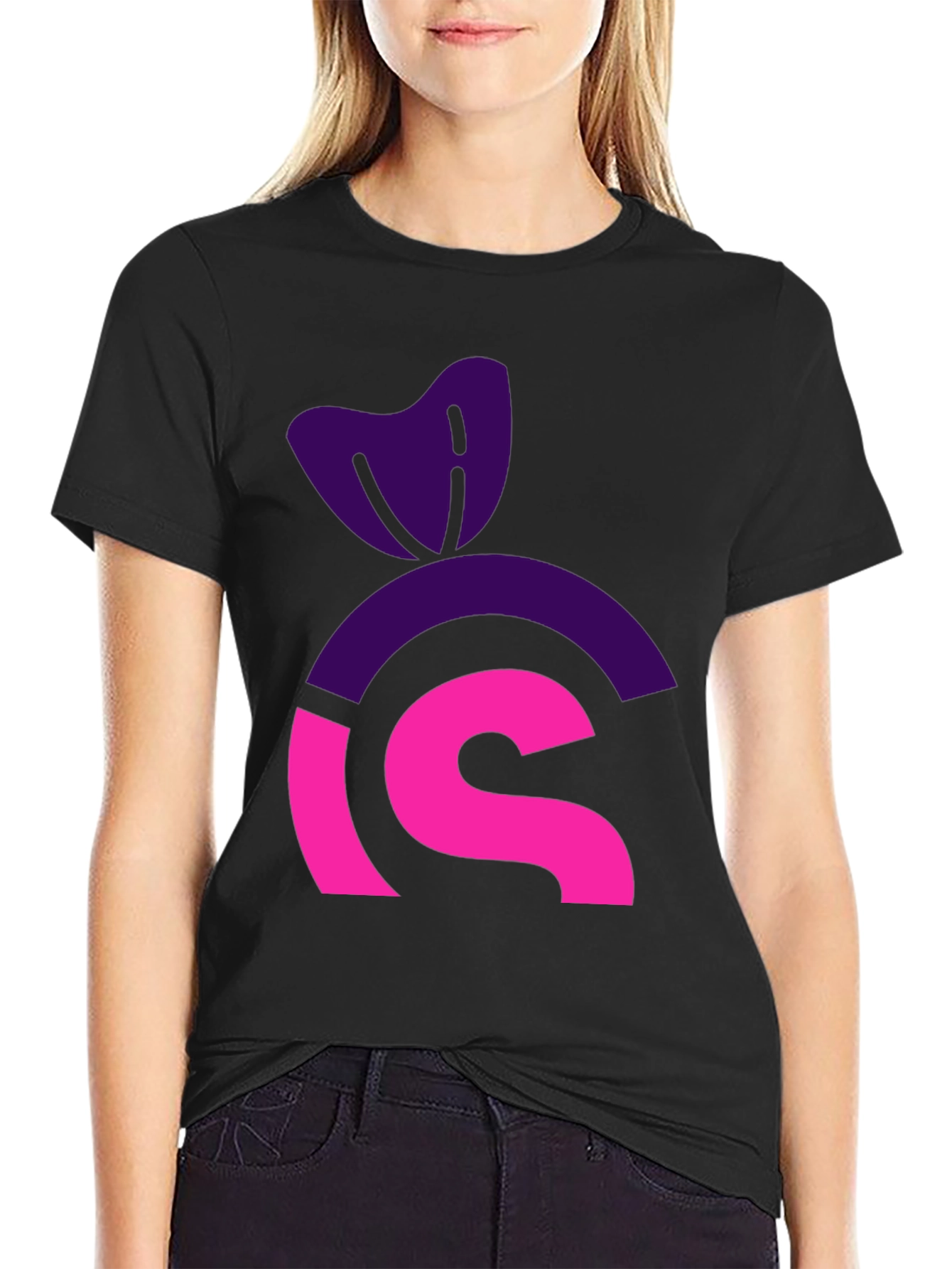 Black Modern Graphic Tee: Purple & Pink Icon Design view 2