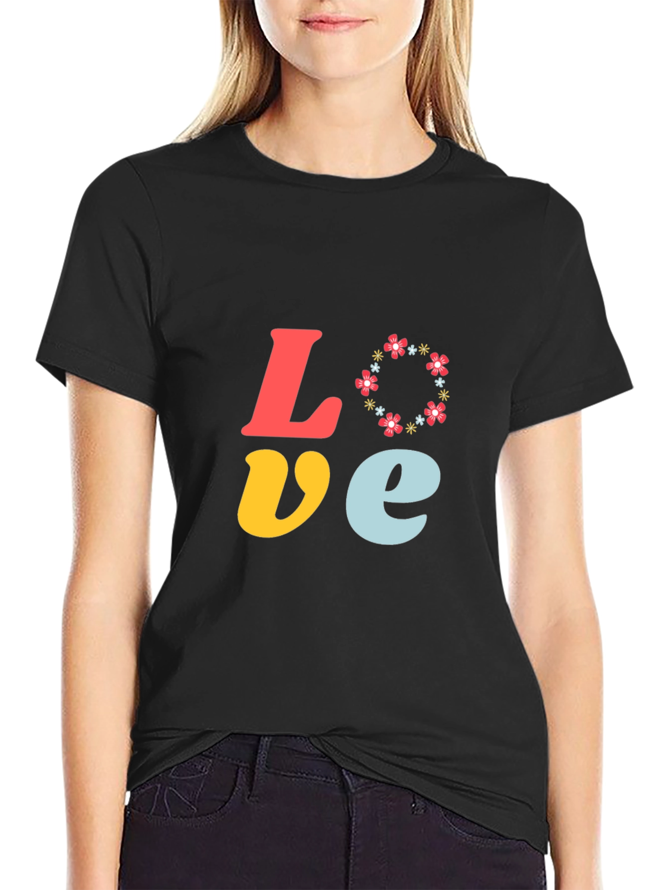 Black Love Floral Graphic Tee - Short Sleeve Black T-Shirt view 2