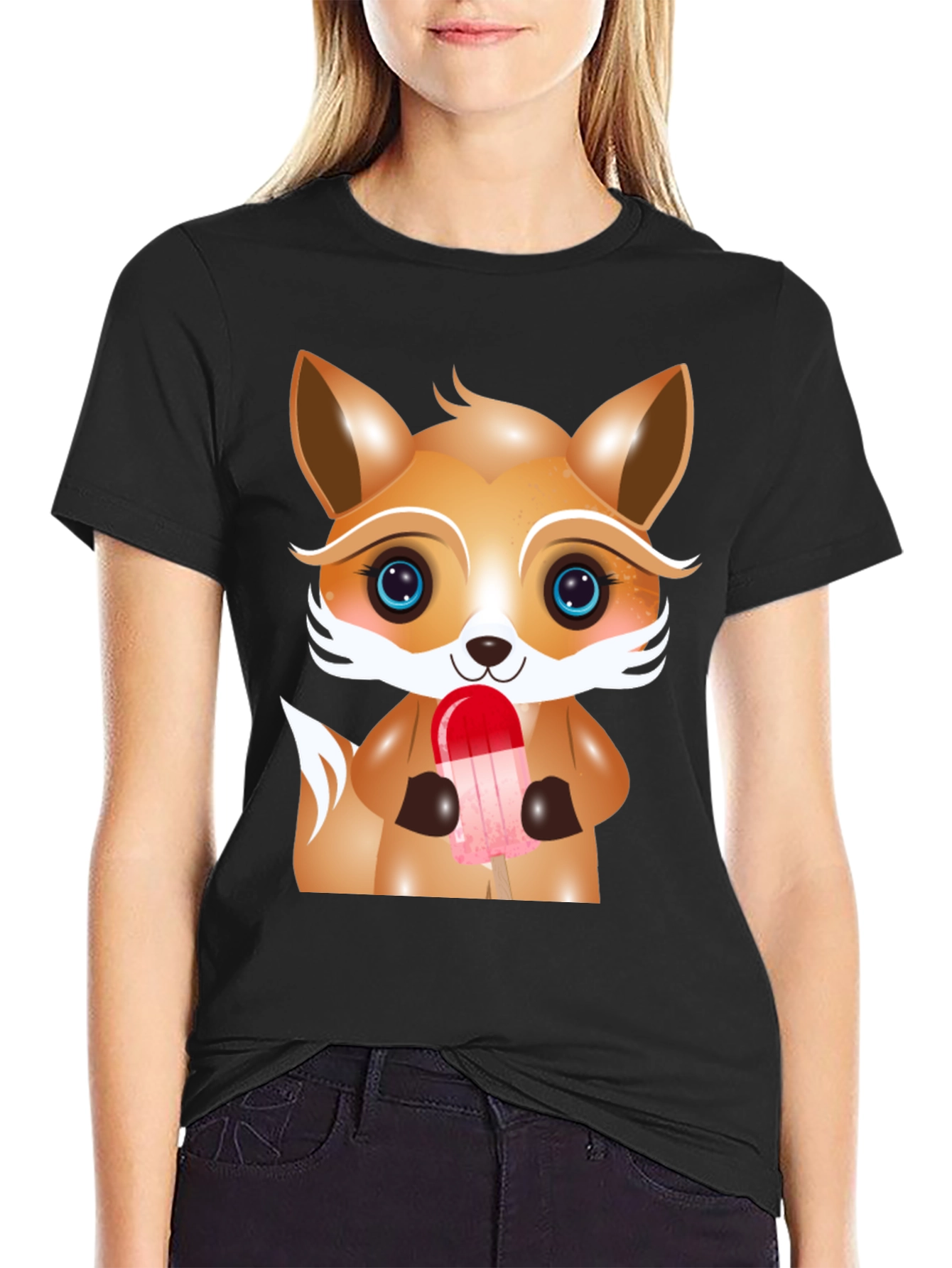 Black Cute Cartoon Fox Ice Cream Graphic Tee view 2