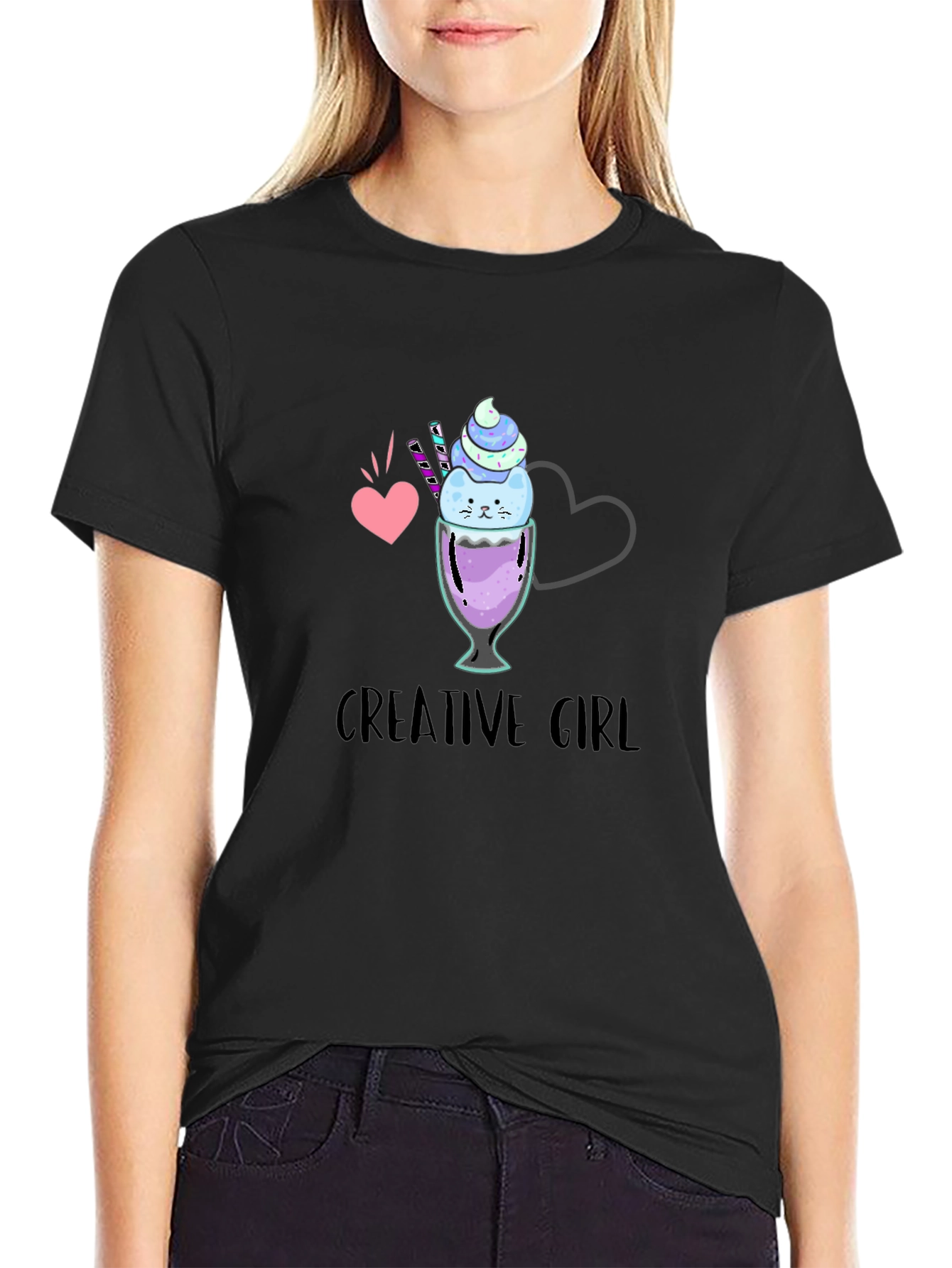 Black Creative Girl Ice Cream Cat Graphic Black T-Shirt view 2