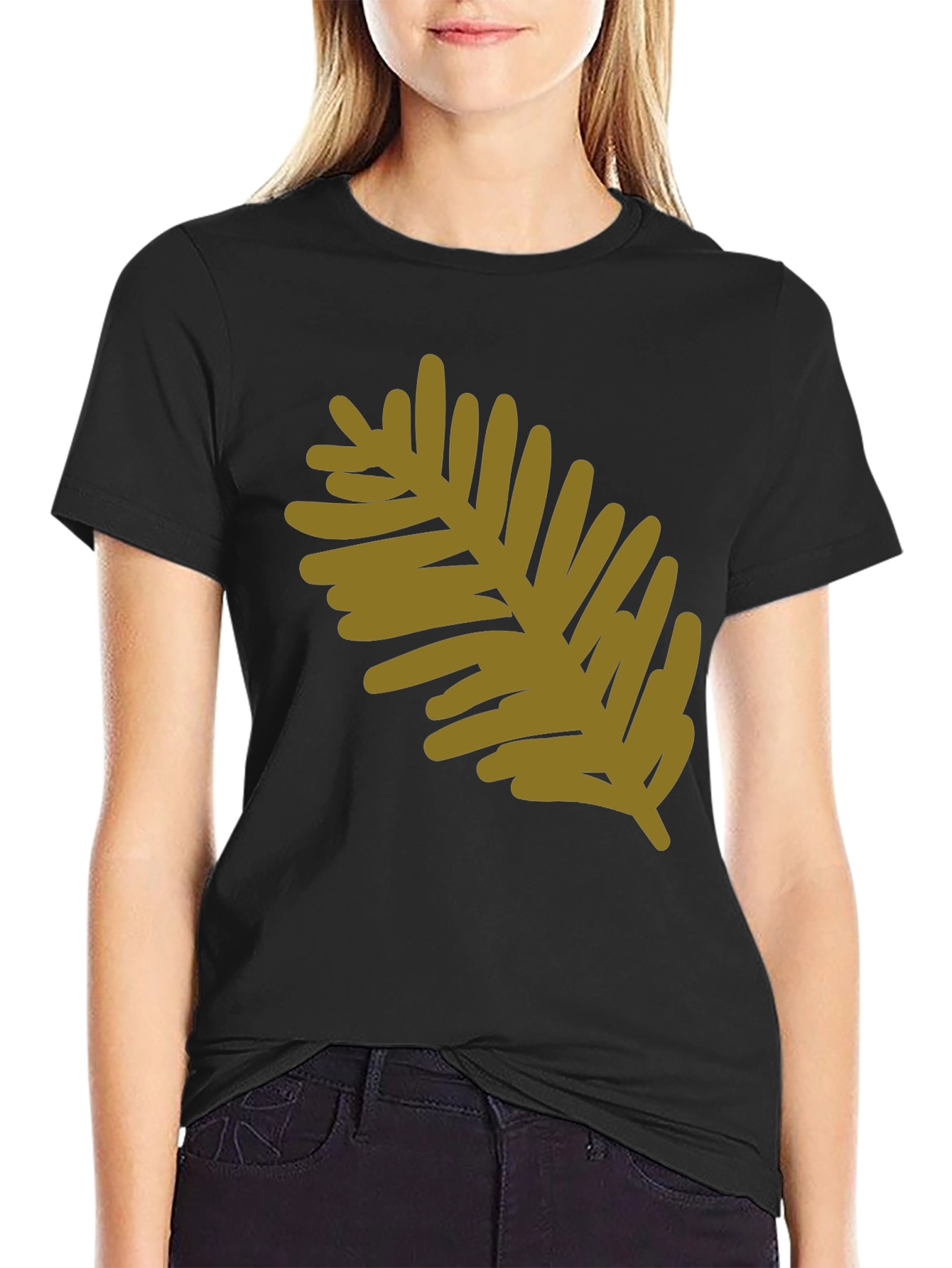 Black Modern Leaf Design Black Cotton T-Shirt view 2