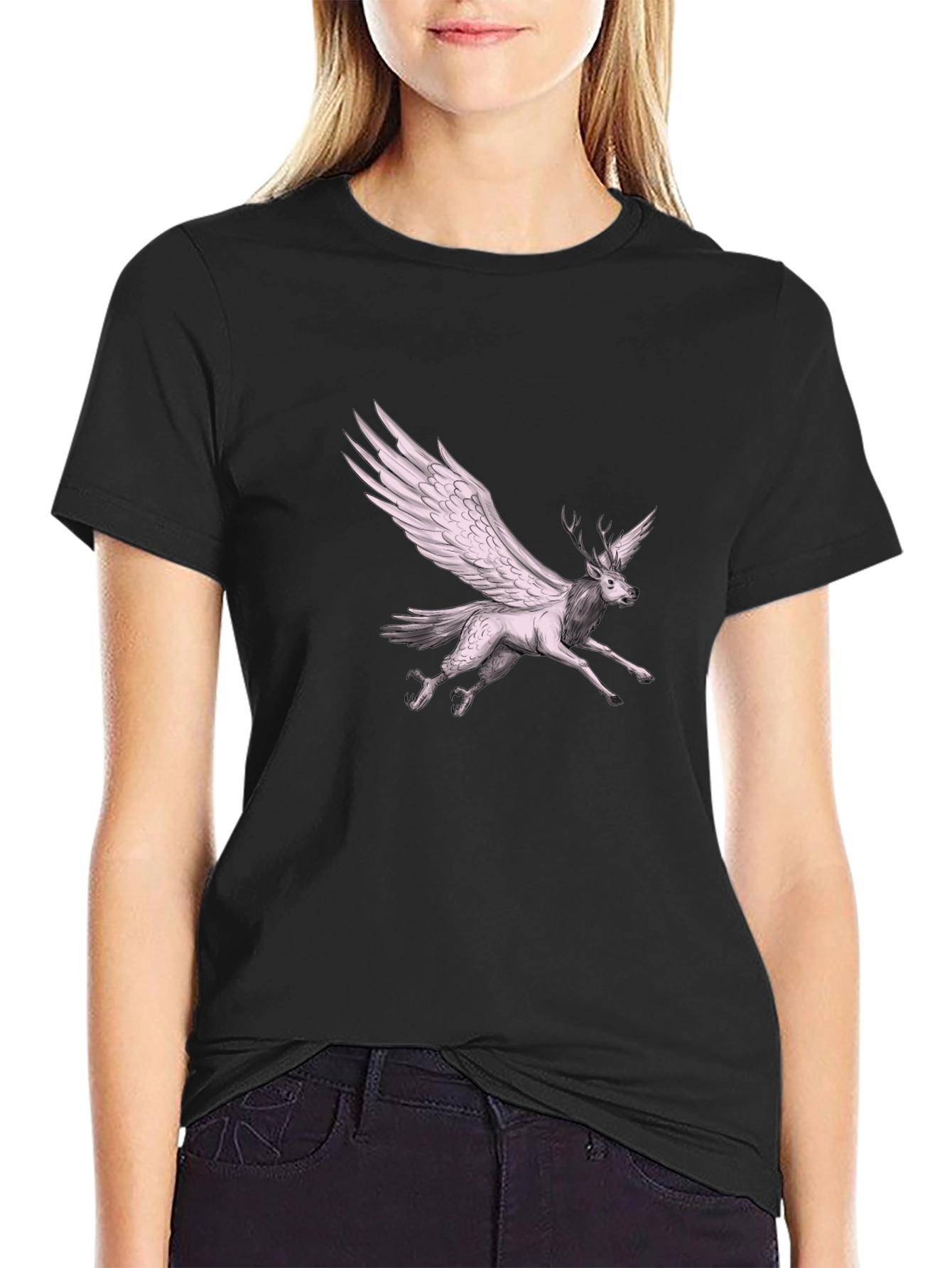 Black Winged Deer Graphic Tee - Unique Fantasy T-Shirt view 2