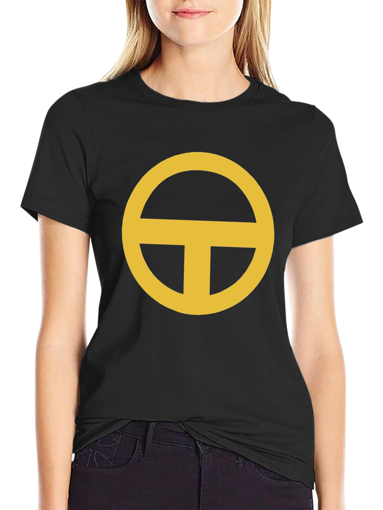 Black Minimalist Gold Circle-T Graphic Black T-Shirt view 2