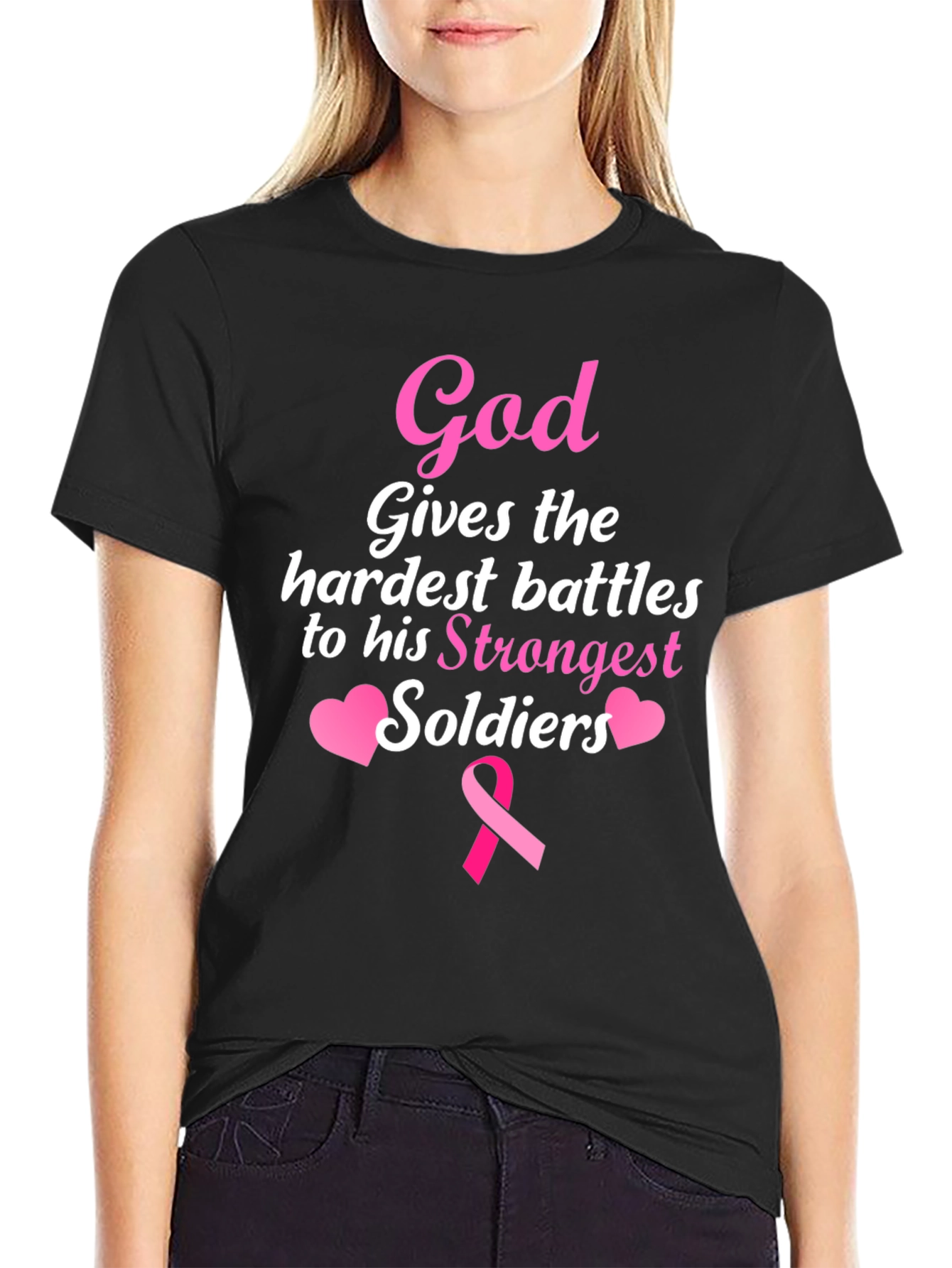 Black God Gives Battles T-Shirt - Strongest Soldiers - Pink Ribbon view 2