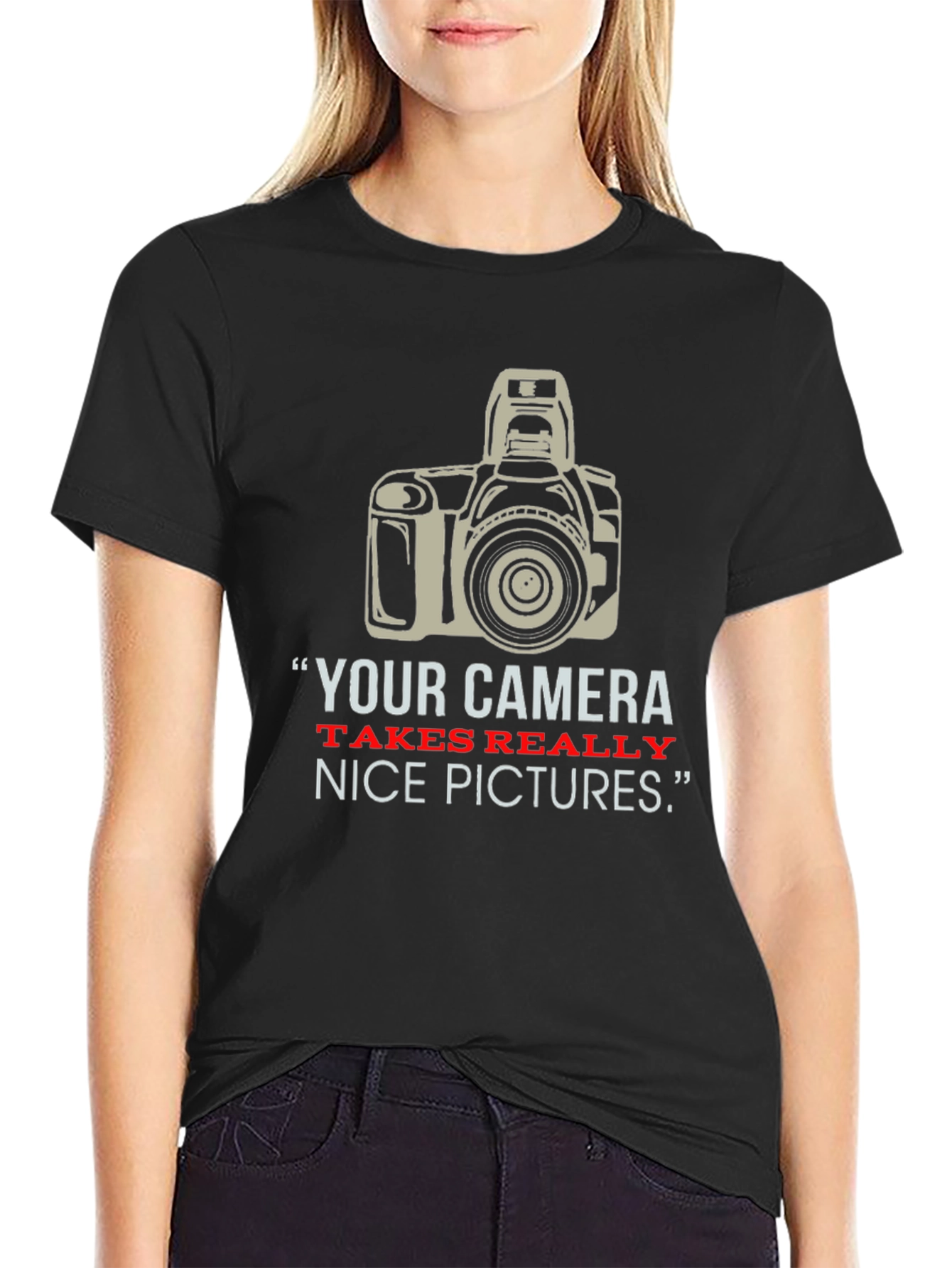 Black Funny Photographer T-Shirt, "Nice Pictures" view 2