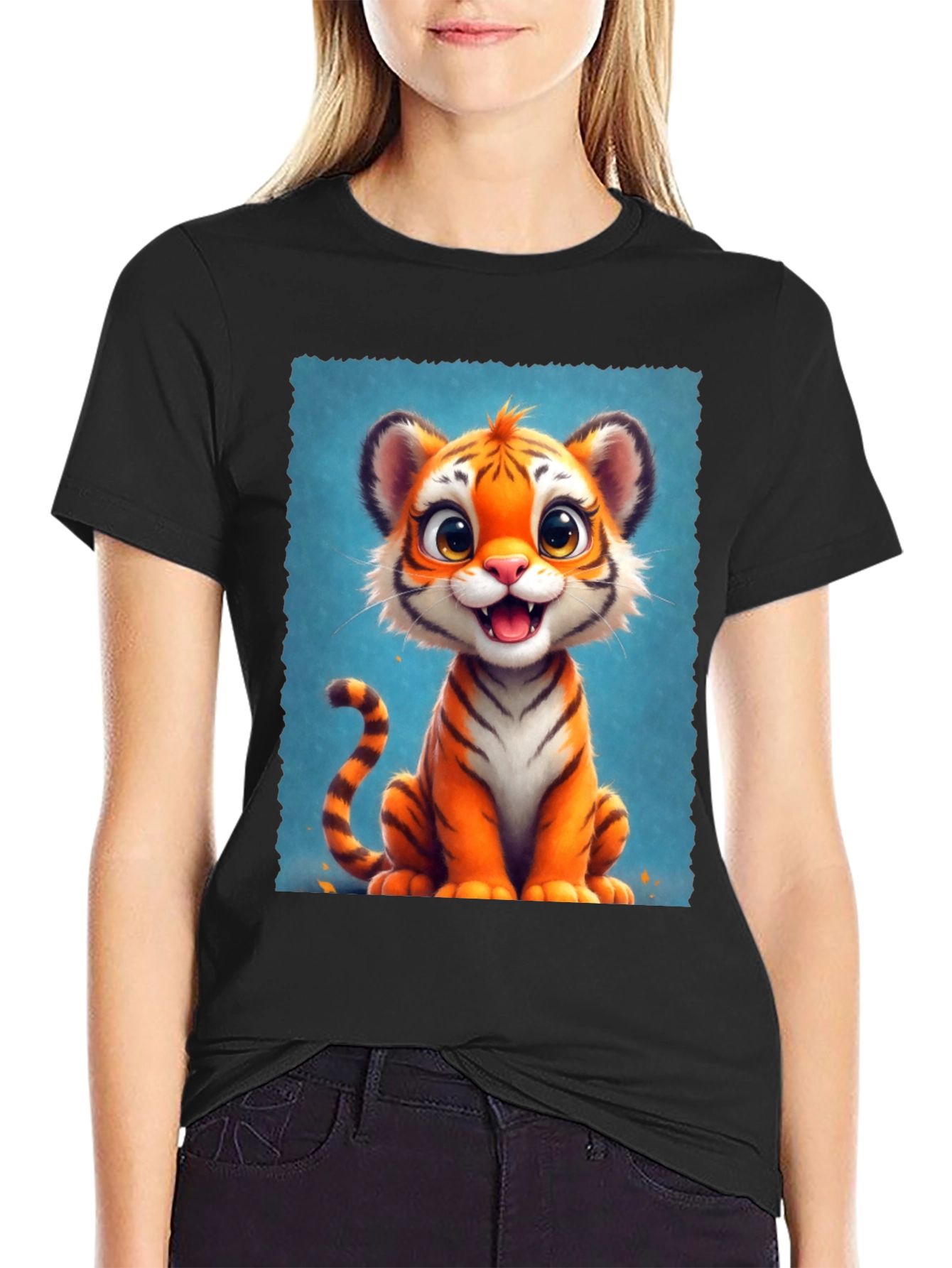 Black Cute Cartoon Tiger Graphic Tee view 2