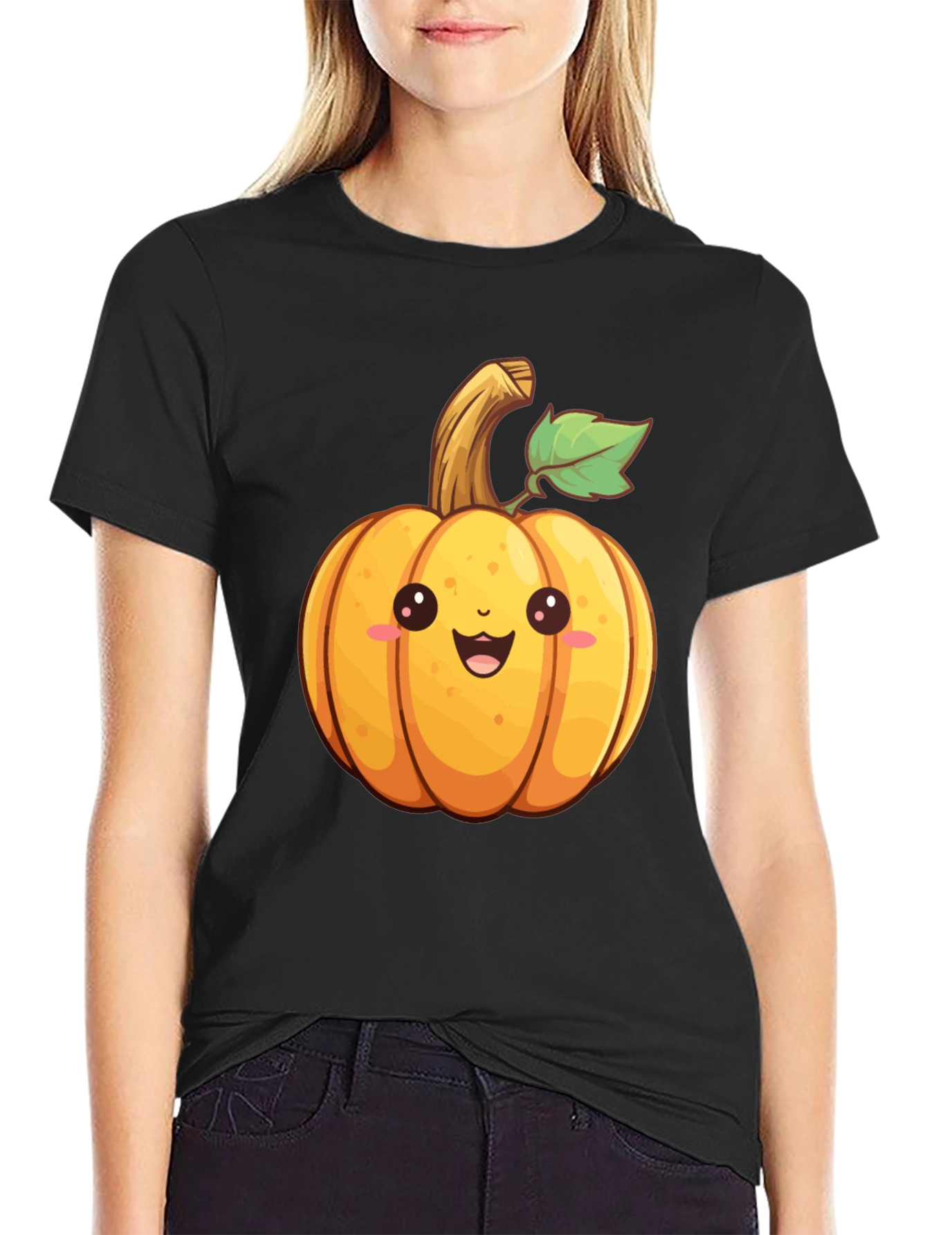 Black Cute Cartoon Pumpkin Graphic T-Shirt view 2