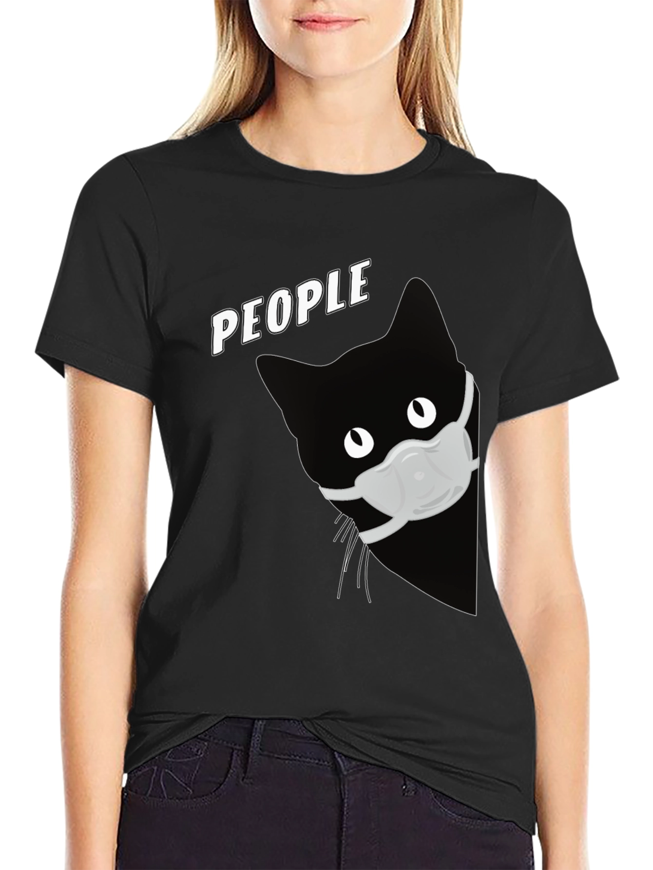 Black Cat with Mask Graphic T-Shirt - People view 2