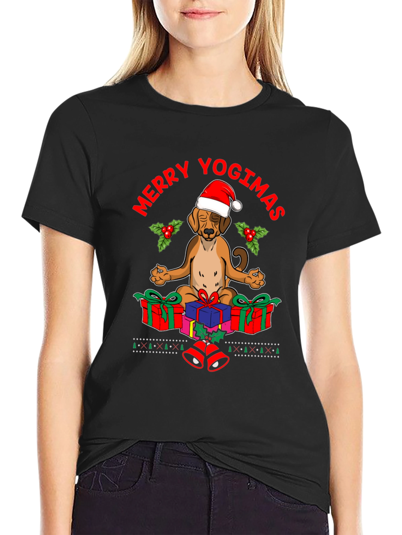 Black Merry Yogimas Dog T-Shirt - Holiday Yoga Gifts view 2