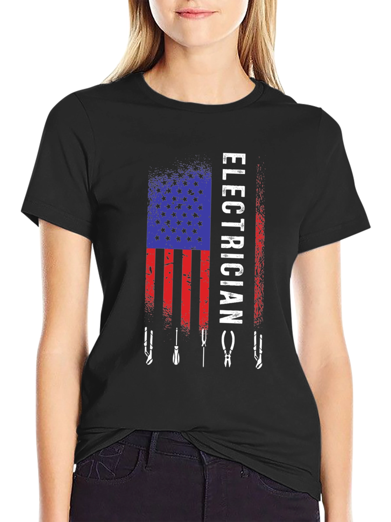 Black Electrician American Flag T-Shirt view 2