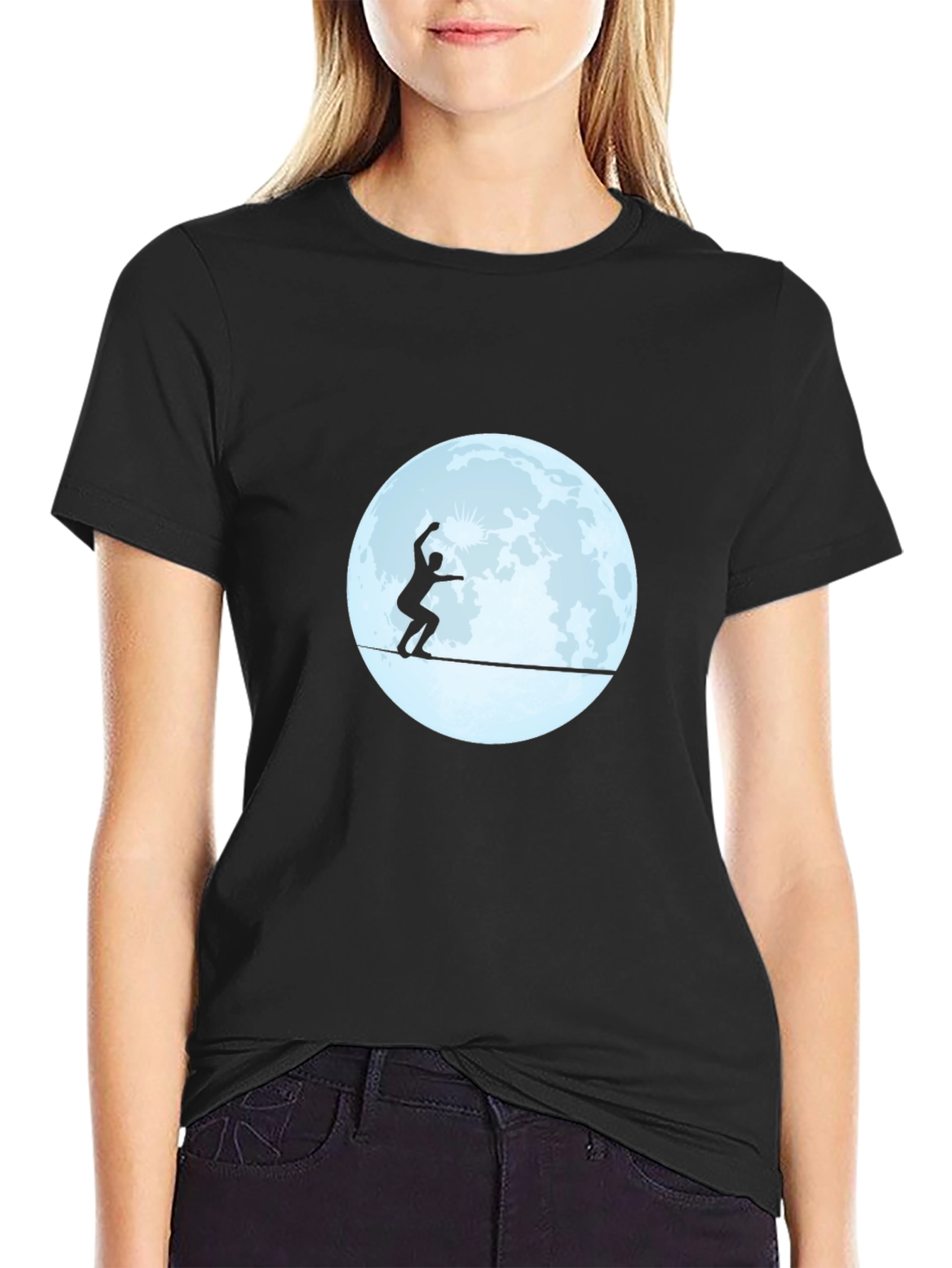 Black Slackline Moon T-Shirt - Balance Under the Stars view 2