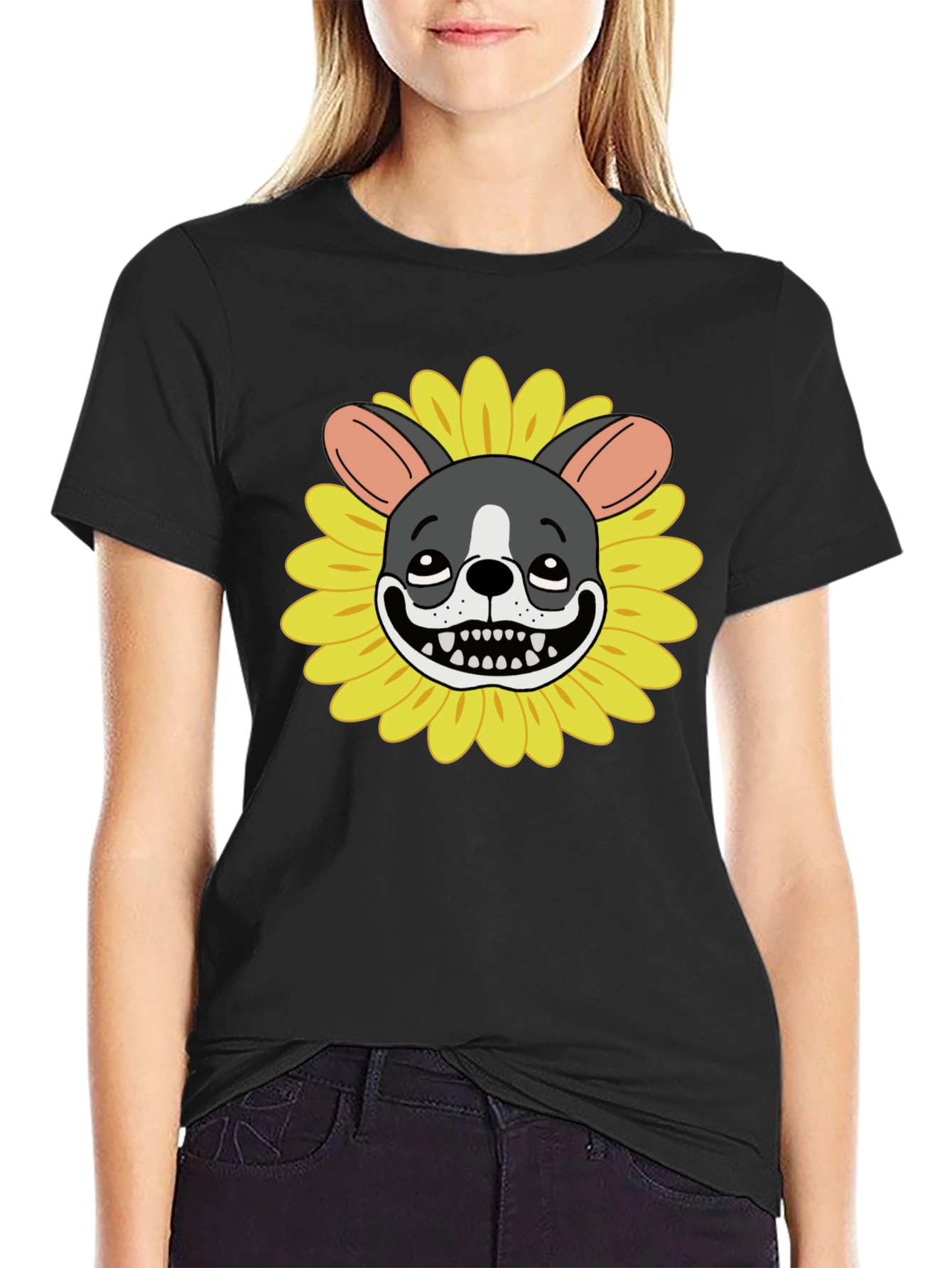 Black Dog Sunflower Graphic Tee - Quirky Unisex T-Shirt view 2